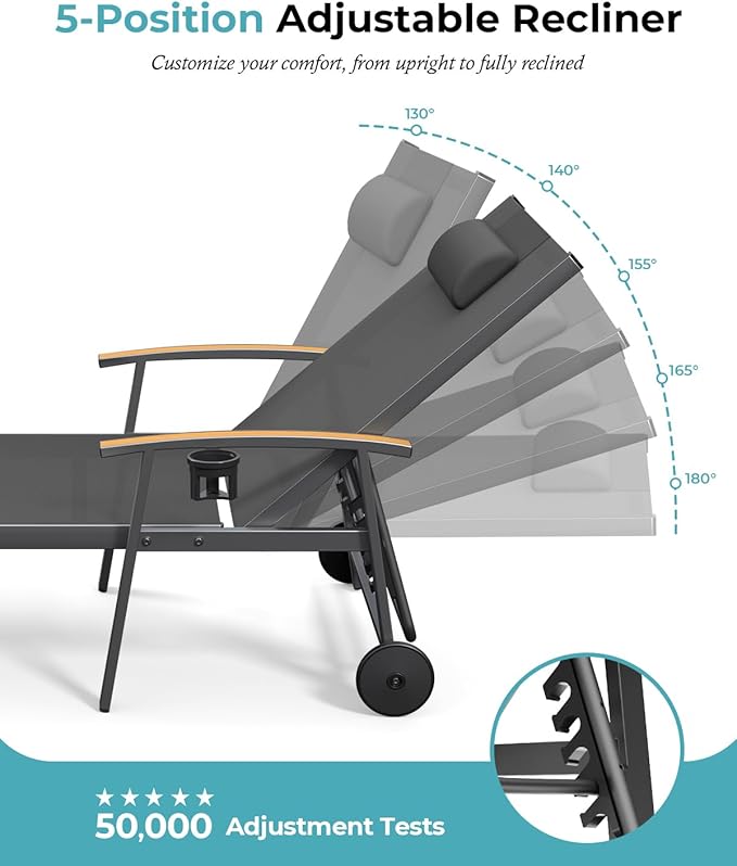 Ciokea Outdoor Lounge Chair with Pillow, 5-Position Aluminum Chaise Lounge with Wheels & Armrests, 400 lbs Heavy Duty Patio Pool Chair for Deck, Backyard, Beach & Poolside, Grey