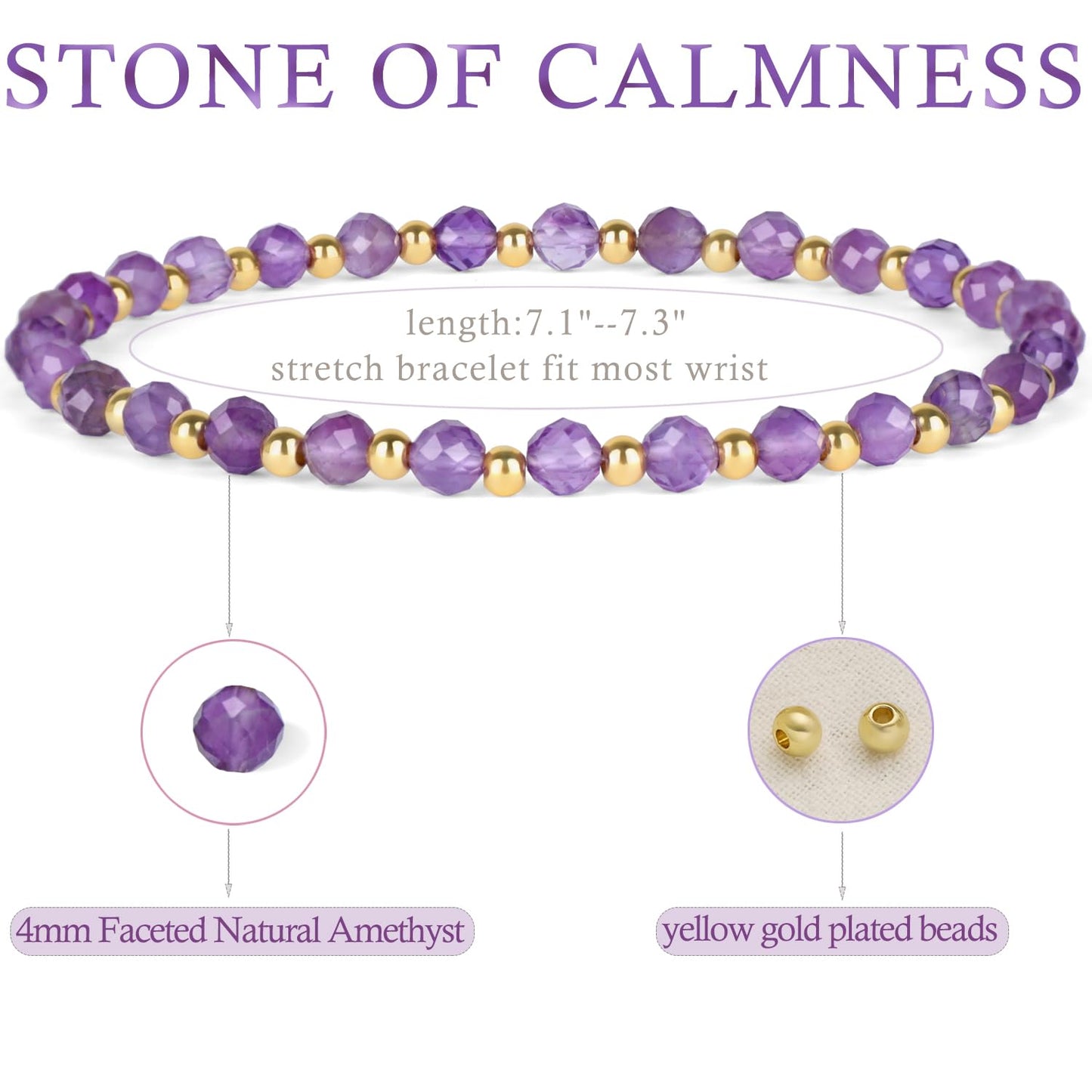 QOGIR Amethyst - Stone of Calmness - 14K Gold Plated Beads Natural Gemstone Stretch Elastic Dainty Healing Beaded Bracelets Gifts 4mm