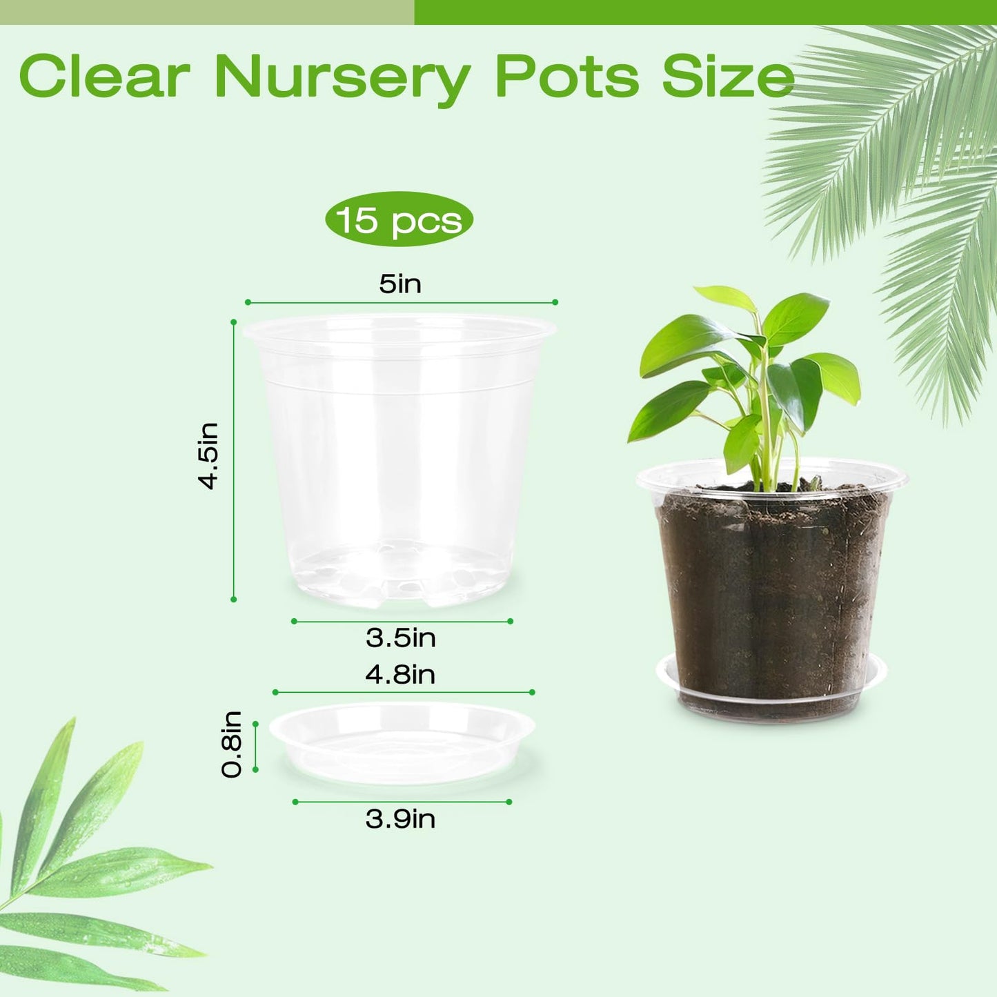 FUOAUYK 5 Inch Clear Nursery Pots with Drainage Trays, 15 Pack Plastic Pots for Plants, Clear Pot for Seed Starting, Transplanting, Succulents, and Indoor Gardening (5 inch)