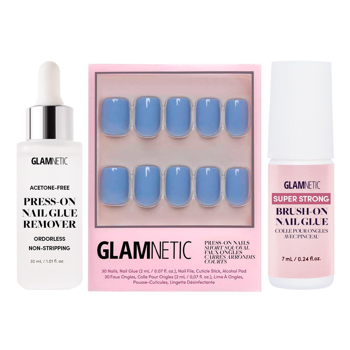 Glamnetic Press-On Nails - Cashmere Blue | Opaque Soft Blue Short Squoval False Nails | 15 Sizes - 30 Nail Kit with Glue and Remover