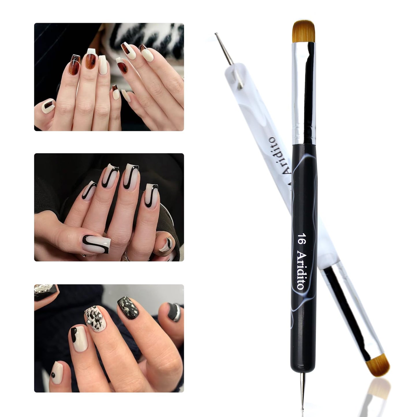 Aridito 4pcs Premium French Nail Art Brush & Dotting Tool - Professional Manicure Tool For Detailed Designs.(pink#10, Orange#12, White#14, Black#16)