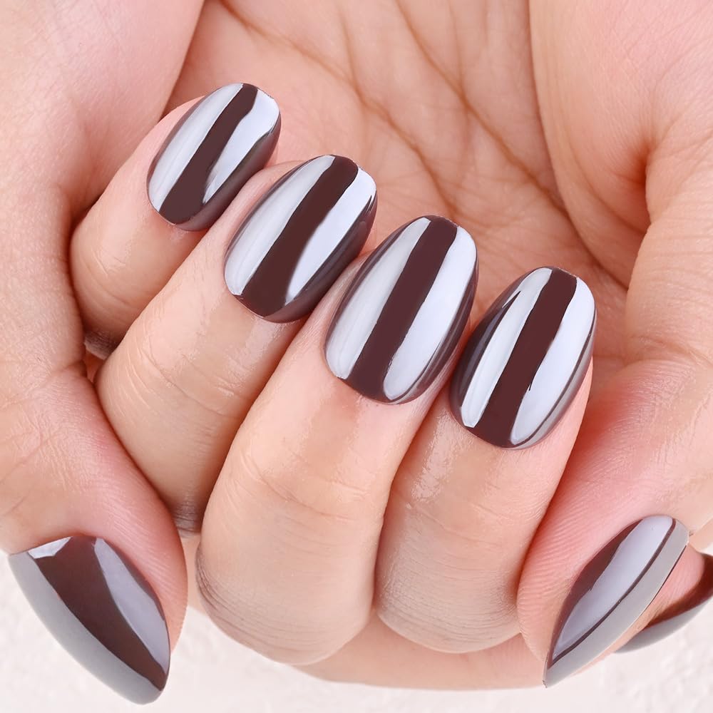evpct Dark Brown Glazed Press on Nails Short Oval, Extra Short Chrome Metallic Aurora Stick on Nail for Women, Reusable Full Cover Soft Press on Fake Nail Perfectly Fit