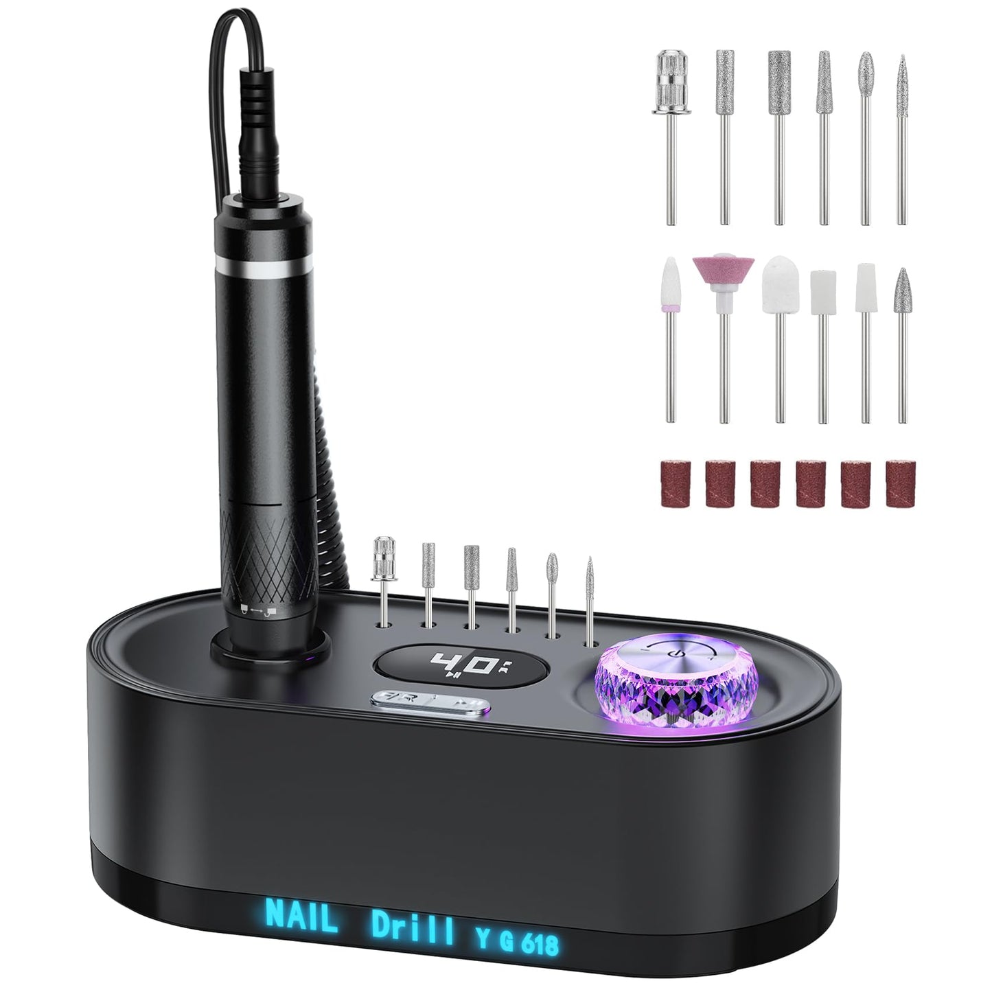 JOSGLOI Electric Nail Drill Professional: 40000RPM Electric Nail File Kit E File Nail Drill Machine with LCD Display for Acrylic Gel Nail, Manicure Pedicure Polishing Nail Grinder for Salon Home Use