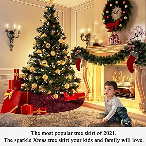 AMZLOKAE 48 Inch Burgundy Sequin Tree Skirt - Glitter Halloween and Xmas Sparkle Christmas Tree Skirt - Holiday Decorations Wine Kit