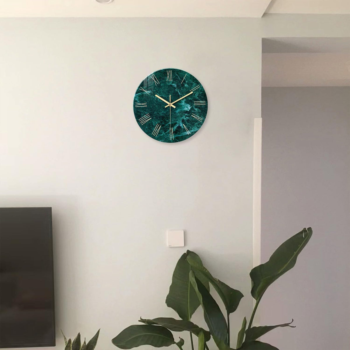 Teal Wall Clock Battery Operated 14 Inch Modern Abstract Clocks for Living Room Decor Marble Pattern Glass Analog Wall Clock Silent