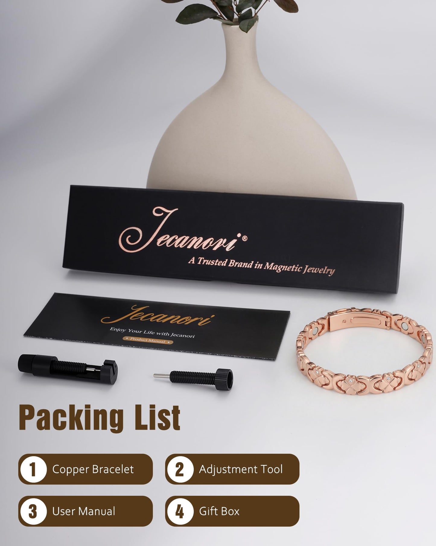 Jecanori Magnetic Copper Bracelet for Women — 3500 Gauss Magnets — Premium Fold-Over Clasp & Adjustable Length,Rose Gold