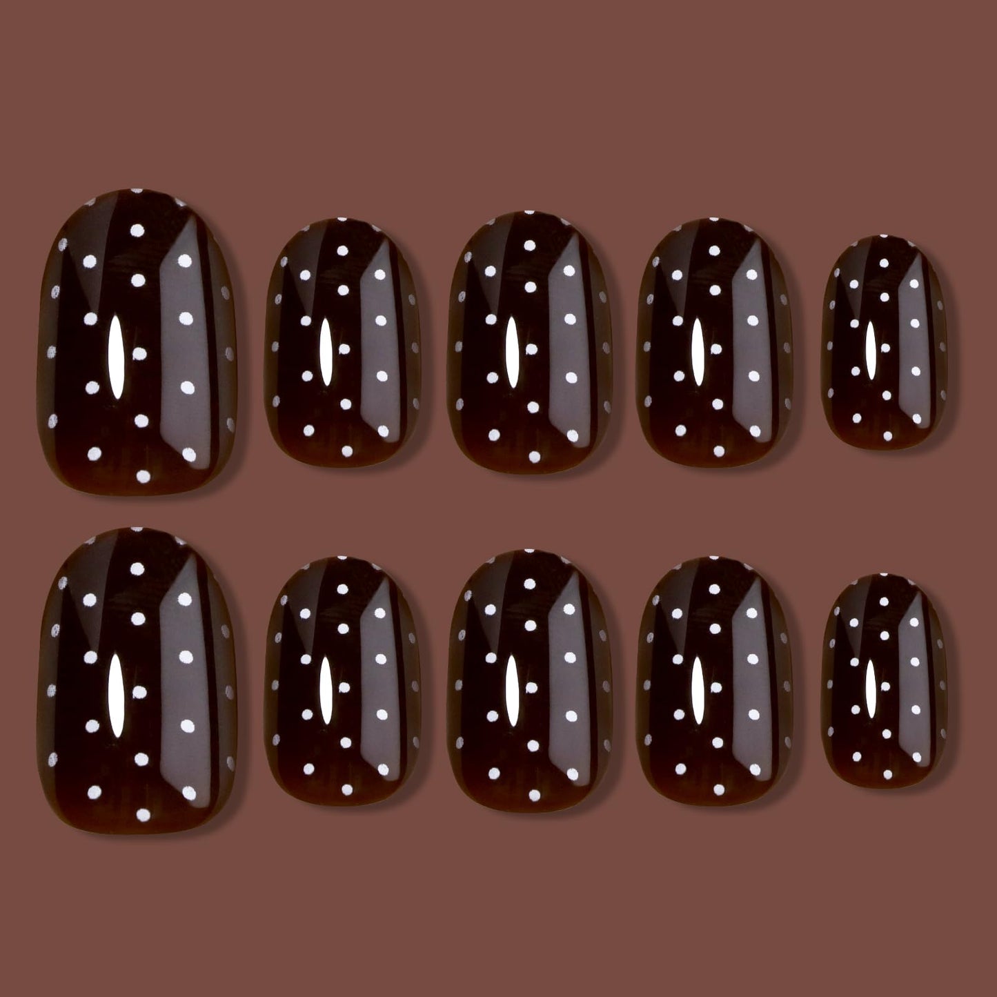 HOSAILY Dark Brown Red Polka Dot Press on Nails Short oval, 24pcs Glossy Fall Winter Glue on Nails, Stick on Nails Press ons for Women
