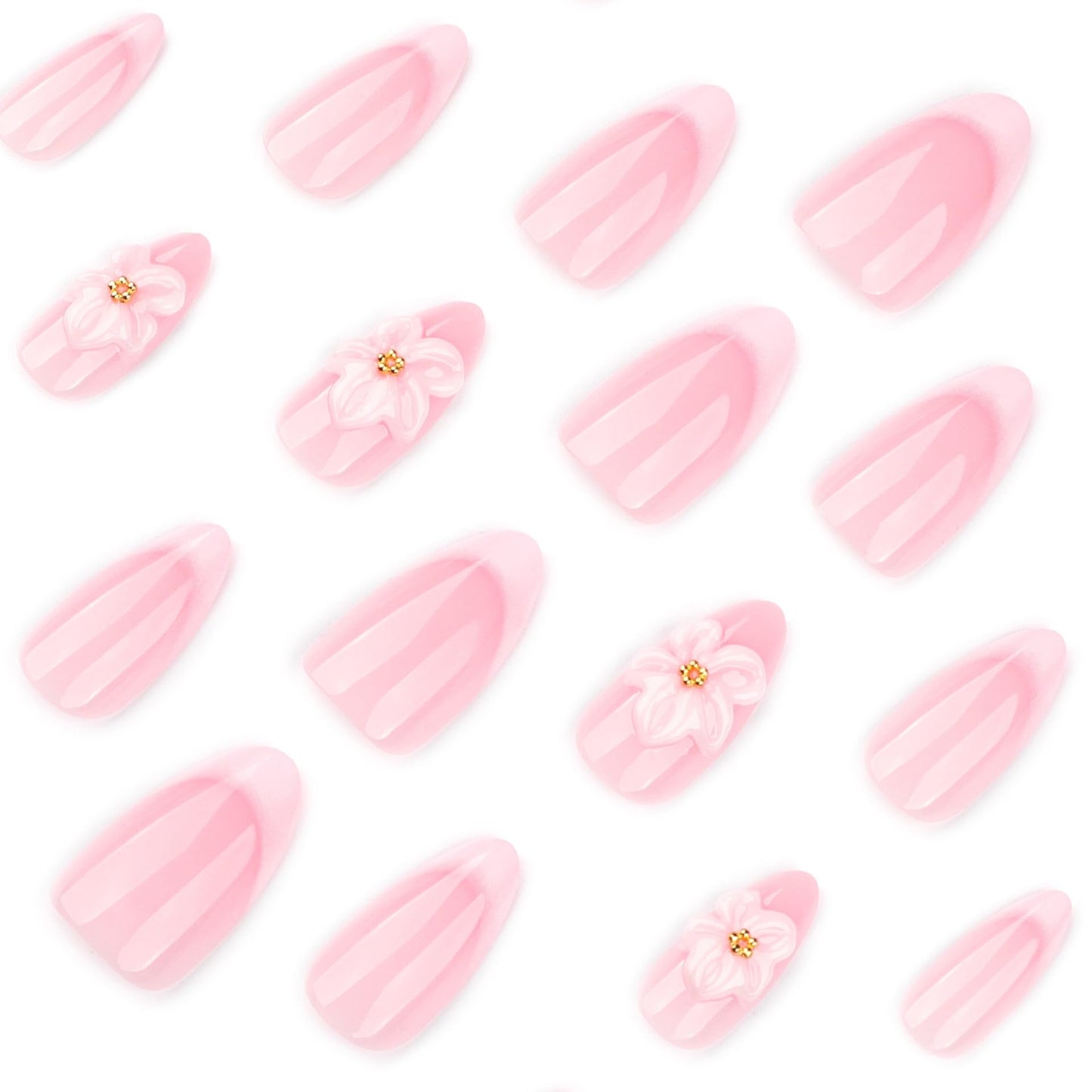CTTHNBD Medium Press on Nails Almond - French Tip Fake Nails with 3D Flower Design - Glossy Stick on False Nails - for Women 24 Pcs