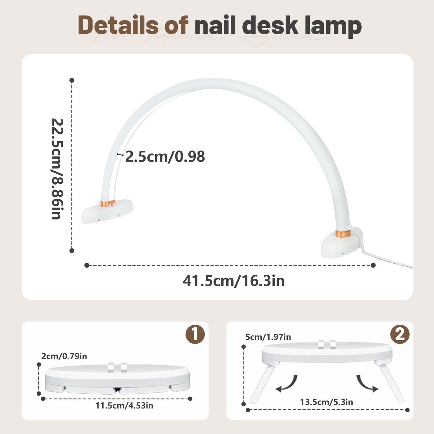 BZJ 16 inch Half Moon Light for Nail Desk Portable Nail Light with Liftable Base Desk Lamp No Flicker & Shadow for Desk Salon Table Use, 3 Color Temperature
