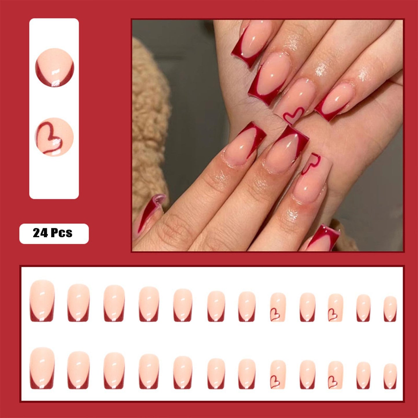 Red French Tip Press On Nails - Heart Shaped, Medium Square, Glossy False Nails - Nude Full Cover Acrylic - 24 Pcs