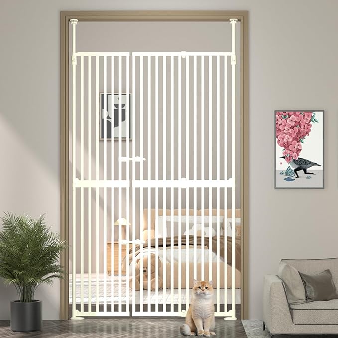 THEYFIRST 71-98" Clear Tall Cat Pet Gate, 33.5-36 in Wide Extra High Dog Gates for Doorways Acrylic Kitten Proof Full Door Barrier, Auto Close Walk Thru Puppy Pressure Mounted, Indoor White