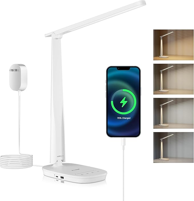 Honeywell LED Desk Lamp - HWT-H2 Sunturalux™ Eye-Caring Foldable Desk Light with USB A+C Dual Charging Port 4 Color Modes Dimmable Table Lamp for Home Office Bedroom Reading Study Work - White