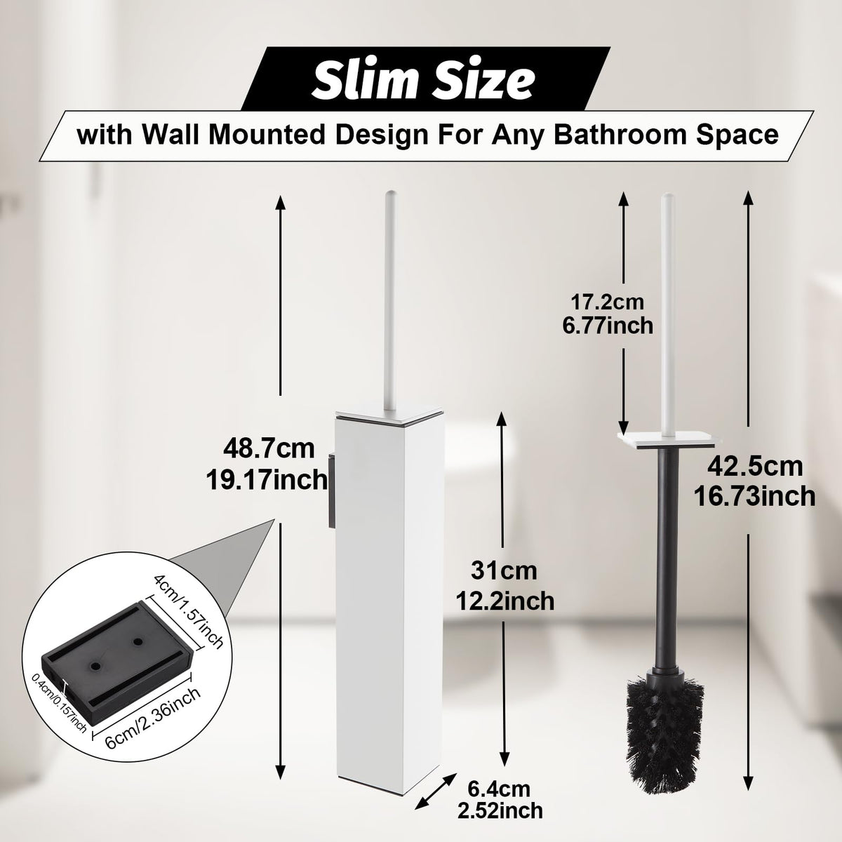 Toilet Brush and Holder Set White Wall Mounted for Bathroom Square Design