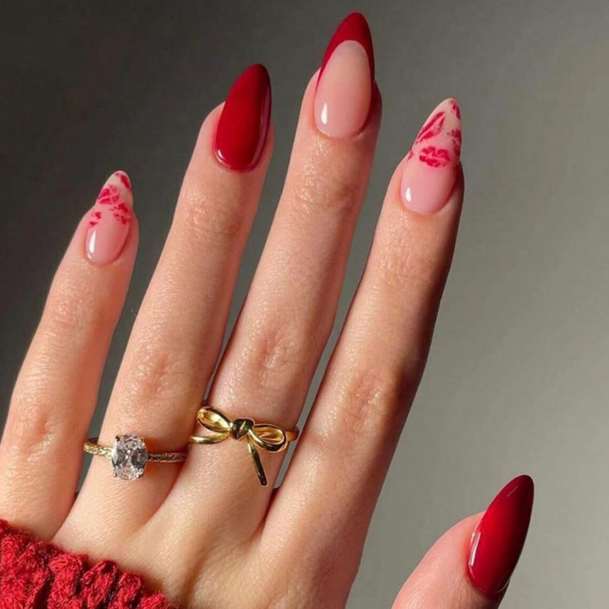 Valentine's Day Press on Nails Medium Almond Fake Nails Red French Tip False Nails with Lips Design Glue on Nail Full Cover Artificial Acrylic Stick on Nail for Women Manicure 24Pcs