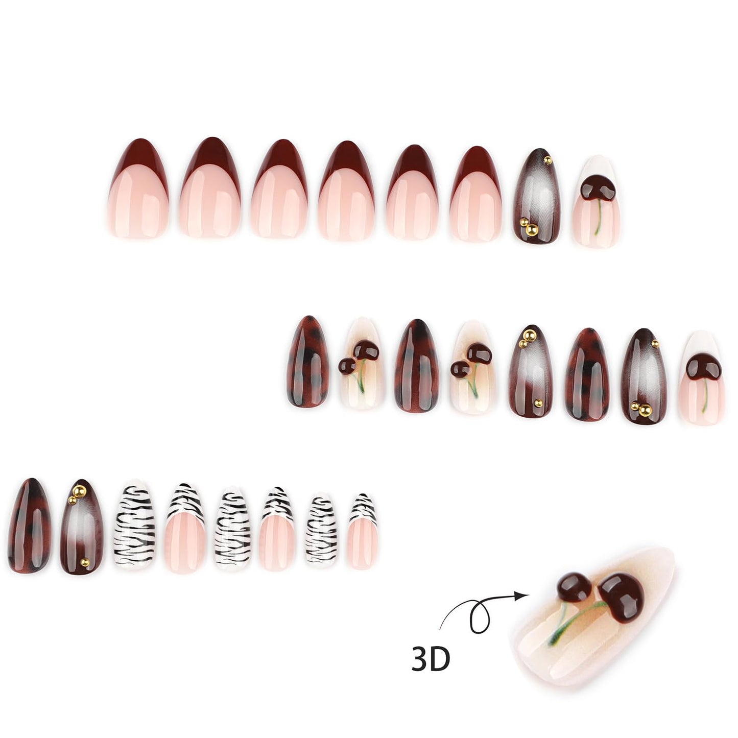 Brown Press On Nails Almond Shape, Glossy Red Gradient with Cherry, Leopard Print & Gold Studs, Luxury Handmade Look Full Cover False Nails for Women, Reusable, 24PCS