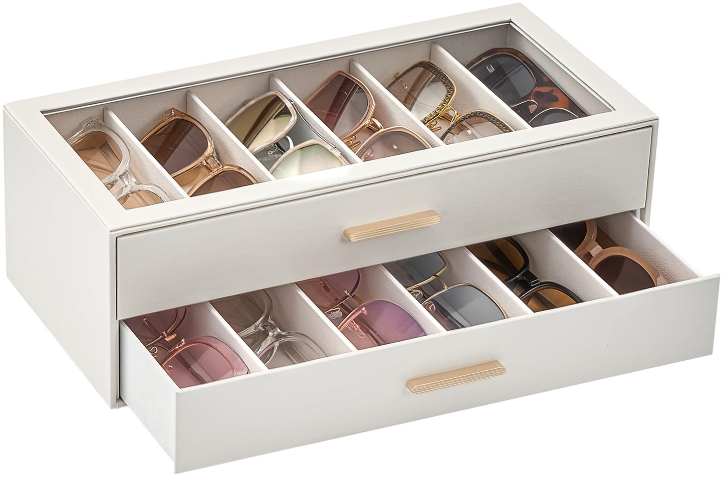 Lolalet 12 Slots 2-Layer Sunglasses Storage Box for Women, Eyewear Eye Glass Sunglass Organizer with Clear Top Lid Display Holder Case for Eyeglass Watch Jewelry, Mothers Day Gifts -Beige