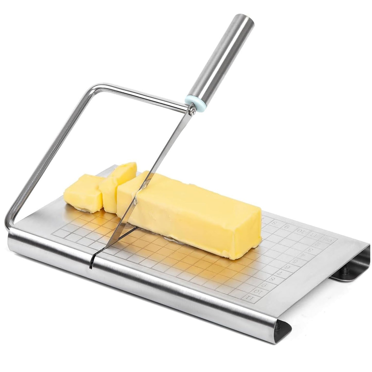 Multipurpose Stainless Steel Cheese Cutter, Bread Slicers with Precision Grid Scale and Anti Slip Base for Block Cheese, Butter, Bread, Sausages, Fruits, Kitchen Gadget Cheese Cutting Board