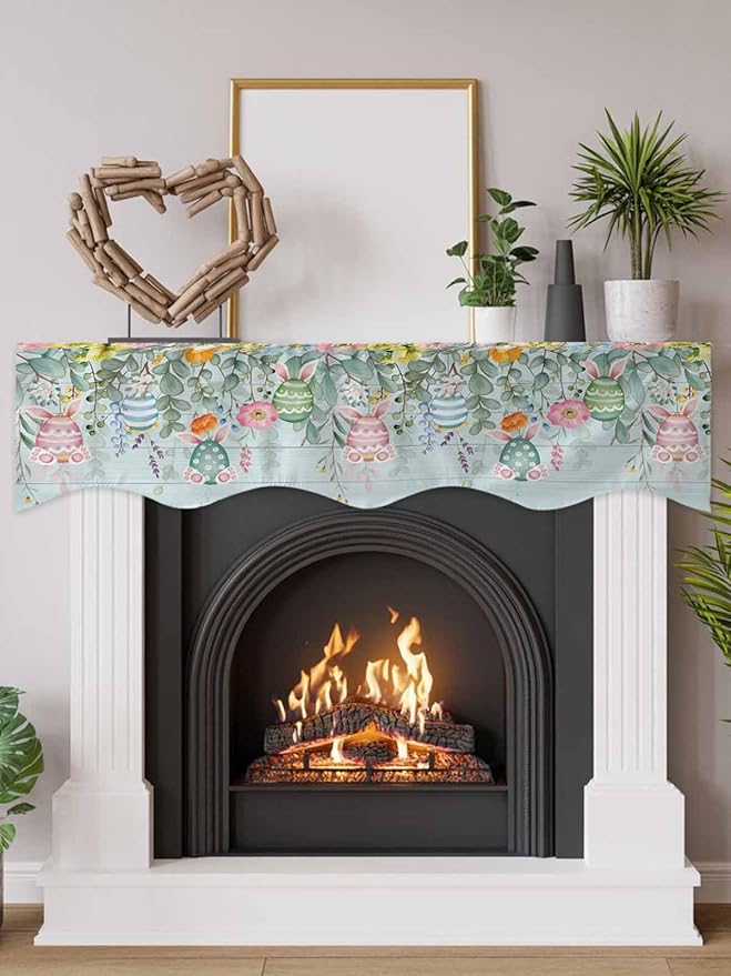 Easter Fireplace Mantel Scarf Table Runner, Spring Eggs Eucalyptus Branch Floral Wooden Winter Garland Mantel Top Tablerunners Dresser Scarves Cover Decorations for Windows Party Living Room 70''x17''