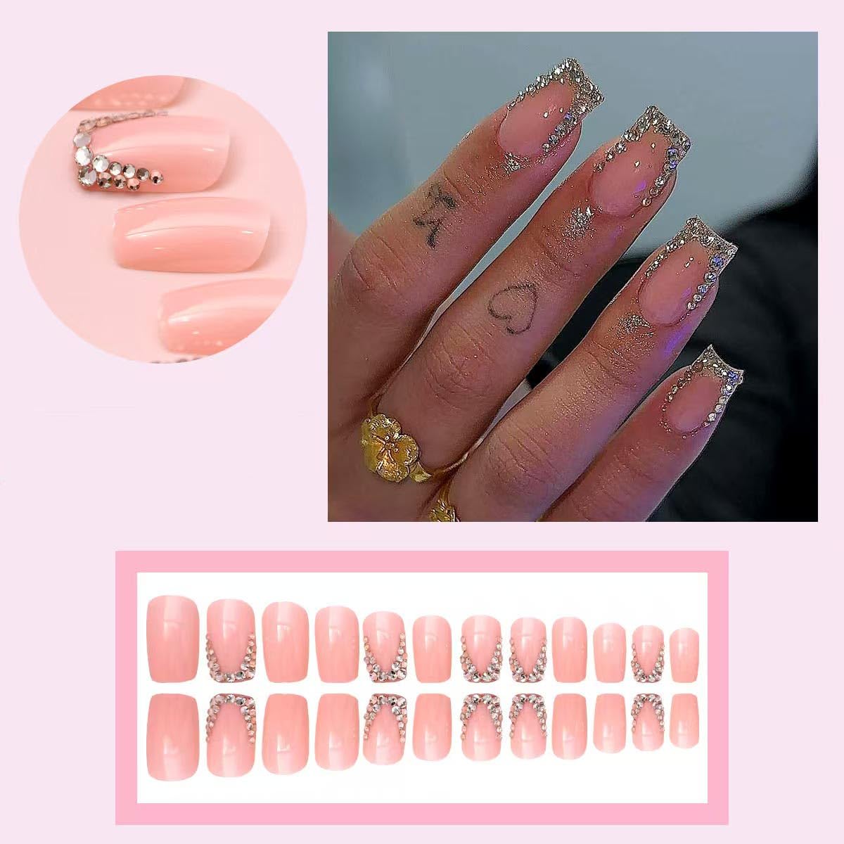 Square press on Nails Medium French Tip Fake Nails with Rhinestone Design Full Cover Sparkling Stick on False Nails for Women 24 Pcs