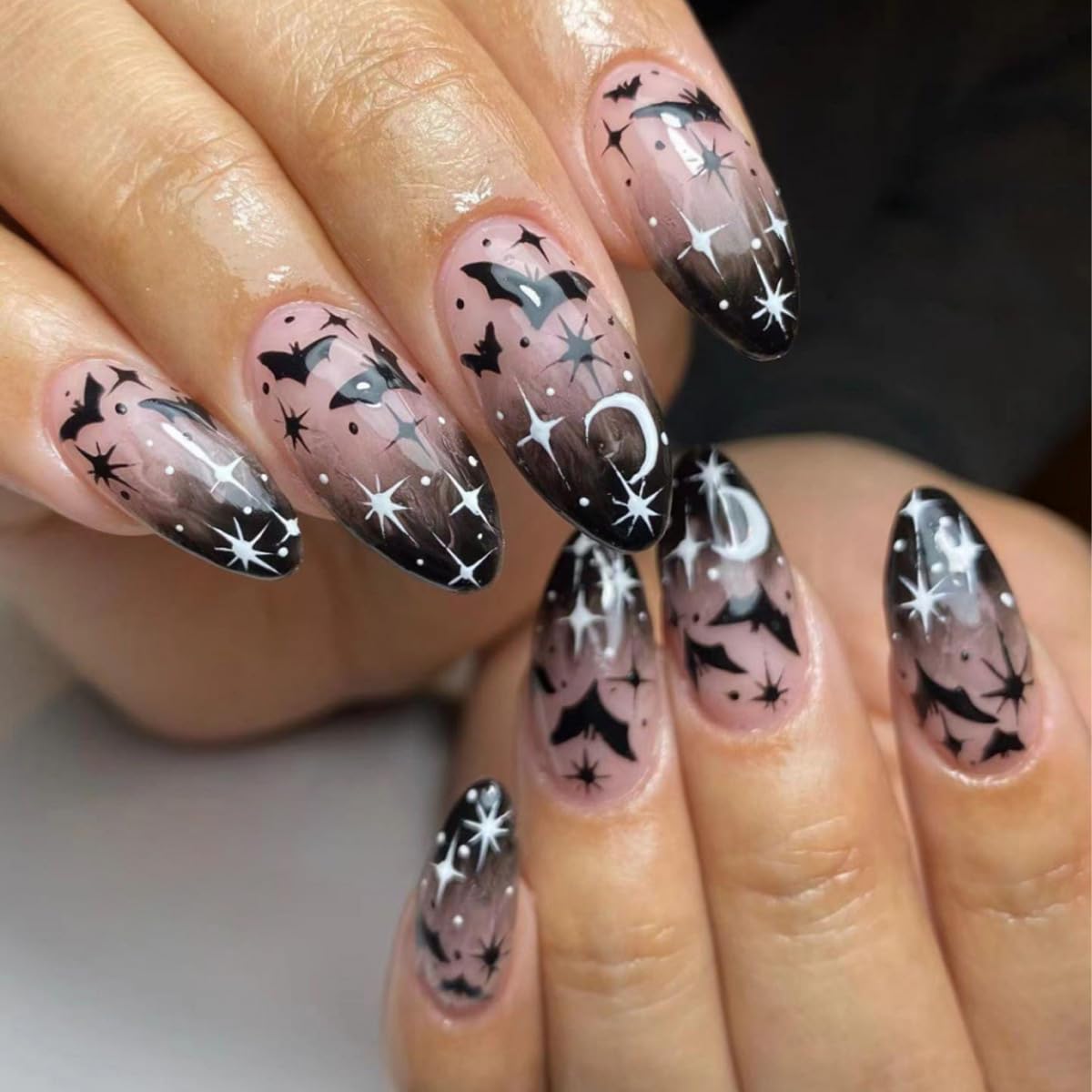 Halloween Bat Press on Nails Starry Sky Almond Fake Nails with Gradient Designs Halloween Black Glue on Nail Full Cover Reusable Acrylic Nails Medium Length False Nails for Women