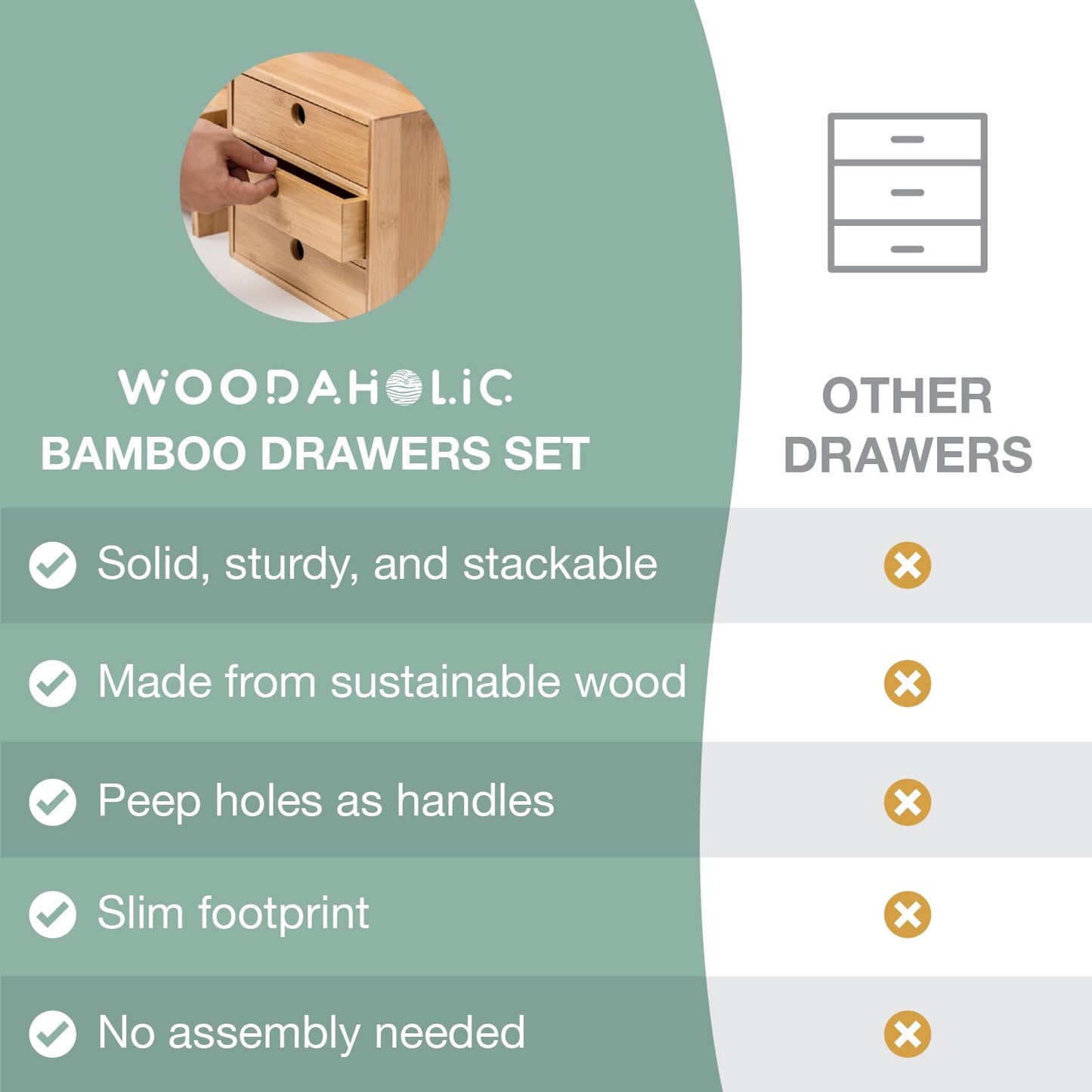 Modular Stackable Set of 3 Bamboo Organizer Desktop Drawers - 1, 2, 3 = 6 Drawers Total Storage Organizer for Desk Accessories, Office Supplies, Makeup Storage - Tabletop Wood Box Stackable Drawers