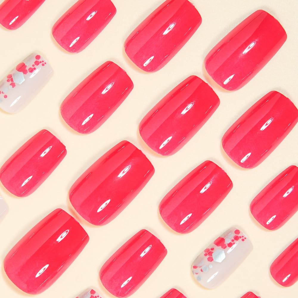 Rose Red Short Press on Nails Square Fake Nails with Designs Full Cover Glossy False Nails Artificial Acrylic Nail Press ons Reusable Short Nails Pink Glue on Nail for Women Manicure Kit 24Pcs