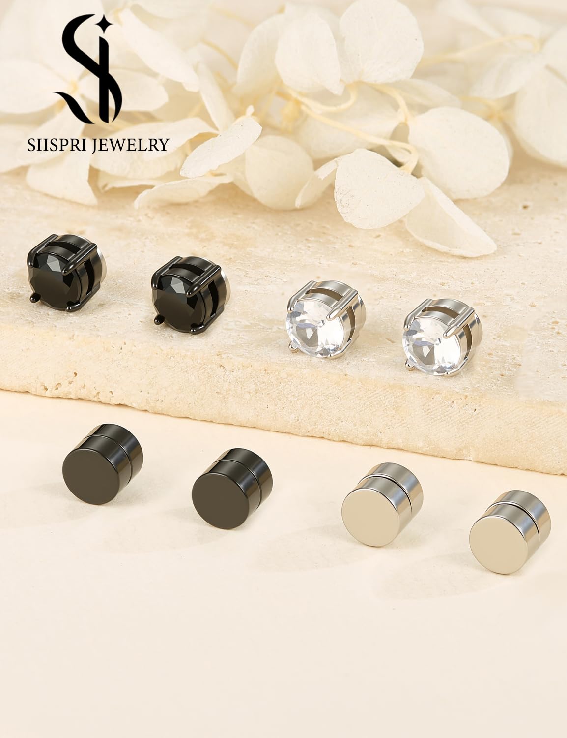 4 Pairs Stainless Steel Magnetic Stud Earrings for Men Women Non Piercing Clip on CZ Earrings 6MM (4 Pairs a Set,6MMBlack + Silver)