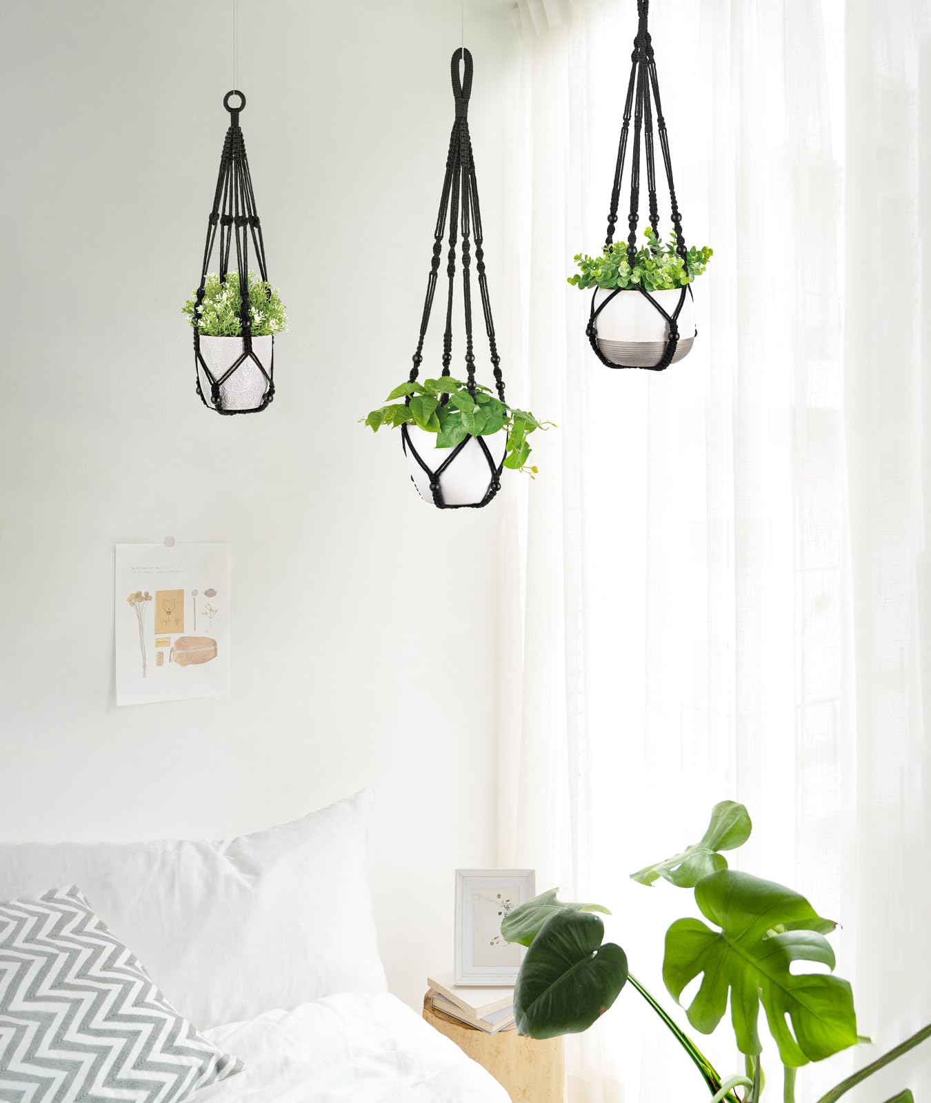 Mkono 3 Pack Macrame Plant Hangers Indoor Different Size Hanging Planter Basket Flower Pot Holder with Beads No Tassels 35"/29"/23", Medium, Black