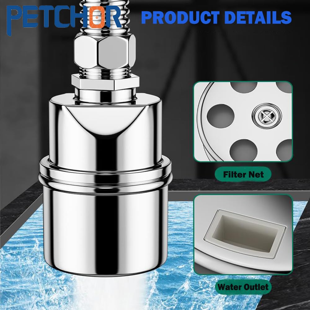 PETCHOR 304 Stainless Steel Fully Automatic Water Level Control Float Valve, 1/2" 3/4''Float Ball Valve, Auto Float Water Shut off Valve for Pool, Water Tank, Livestock Troughs, Fish Pond
