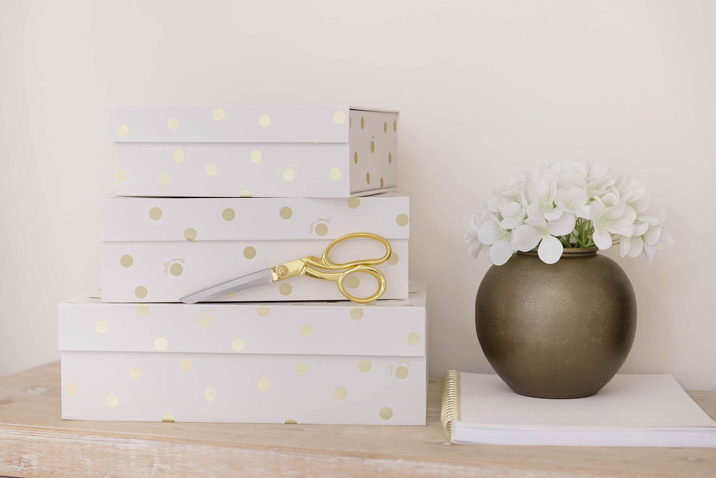 kate spade new york Decorative Storage Boxes with Lids, 3 Pack Sturdy Organizer Storage Bins, Includes Small Medium Large Pink Nesting Boxes with Magnetic Closure, Gold Dot with Script