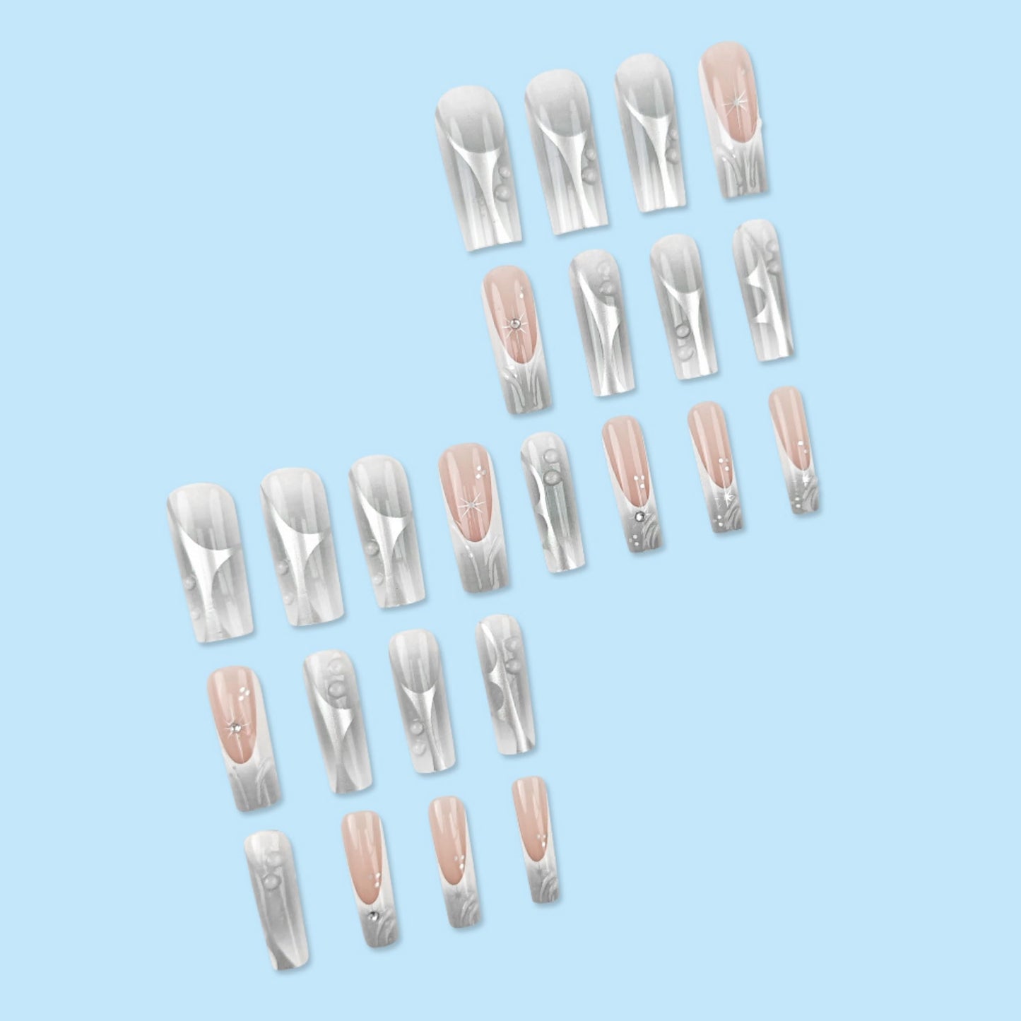 Long Press on Nails Square Fake Nails Silver Acrylic Nail Press ons Seeneey Rhinestones Sparkly Stick on Nail for Women 24pcs