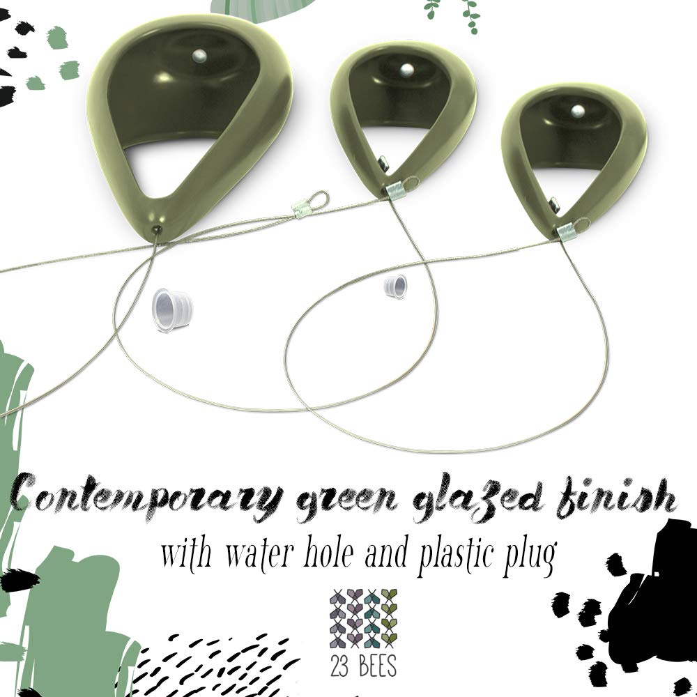 23 Bees, Hanging Air Plant Holder, Green Hanger Ceramic Planter, Small Floating Succulent Pots Container, Cactus Holders with Metal Wire, 3 Pack (3 Pack x Green)
