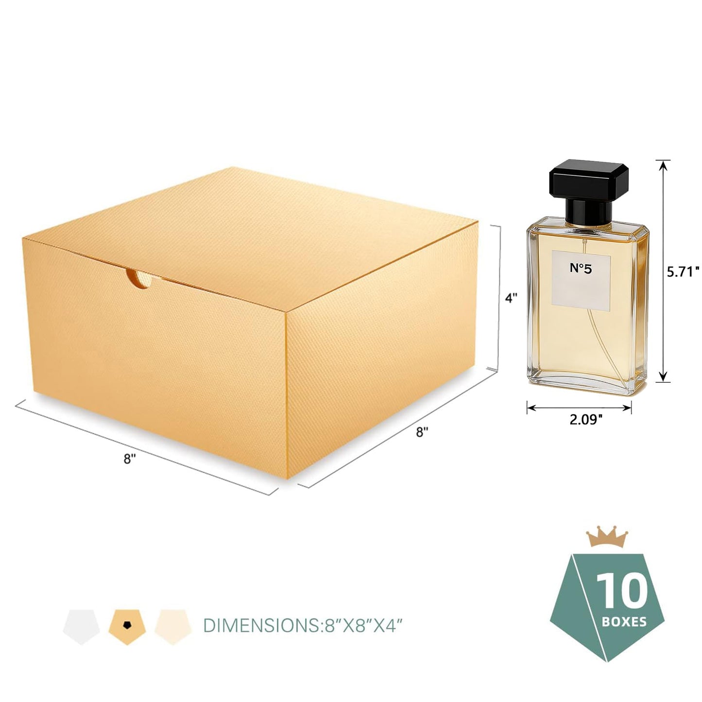 PACKQUEEN Gold Gift Boxes with Lids 10 Pack 8x8x4 Inches, Paper Bridesmaid Proposal Boxes, Christmas Gift Boxes in Bulk for Wedding, Party, Light Weight Gifts (Glossy Gold, Grain Texture)