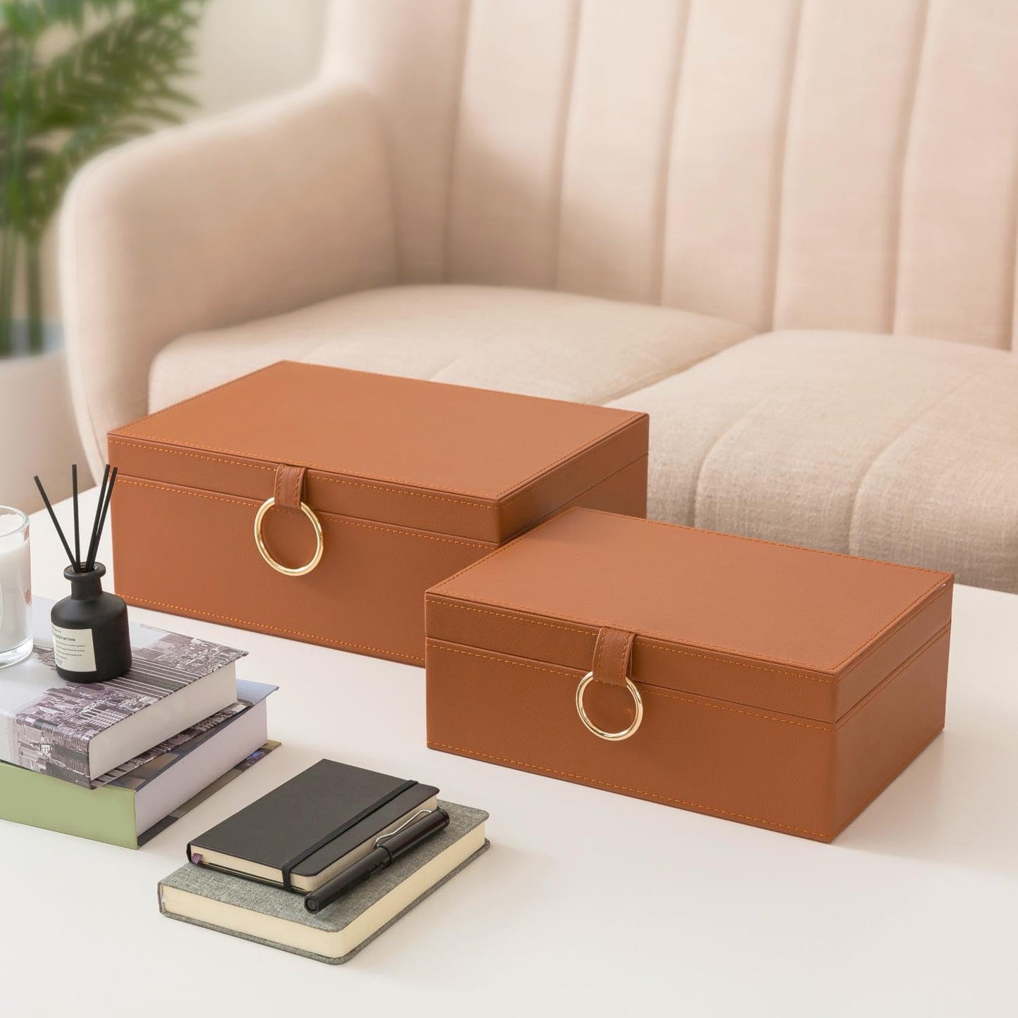 Soul & Lane Faux Leather Storage Box Set, 2 Decorative Boxes with Lids for Home Decor, Coffee Table and Living Room Shelf Organization, Remote Control Holder with Stacking Design, Warm Saddle Brown