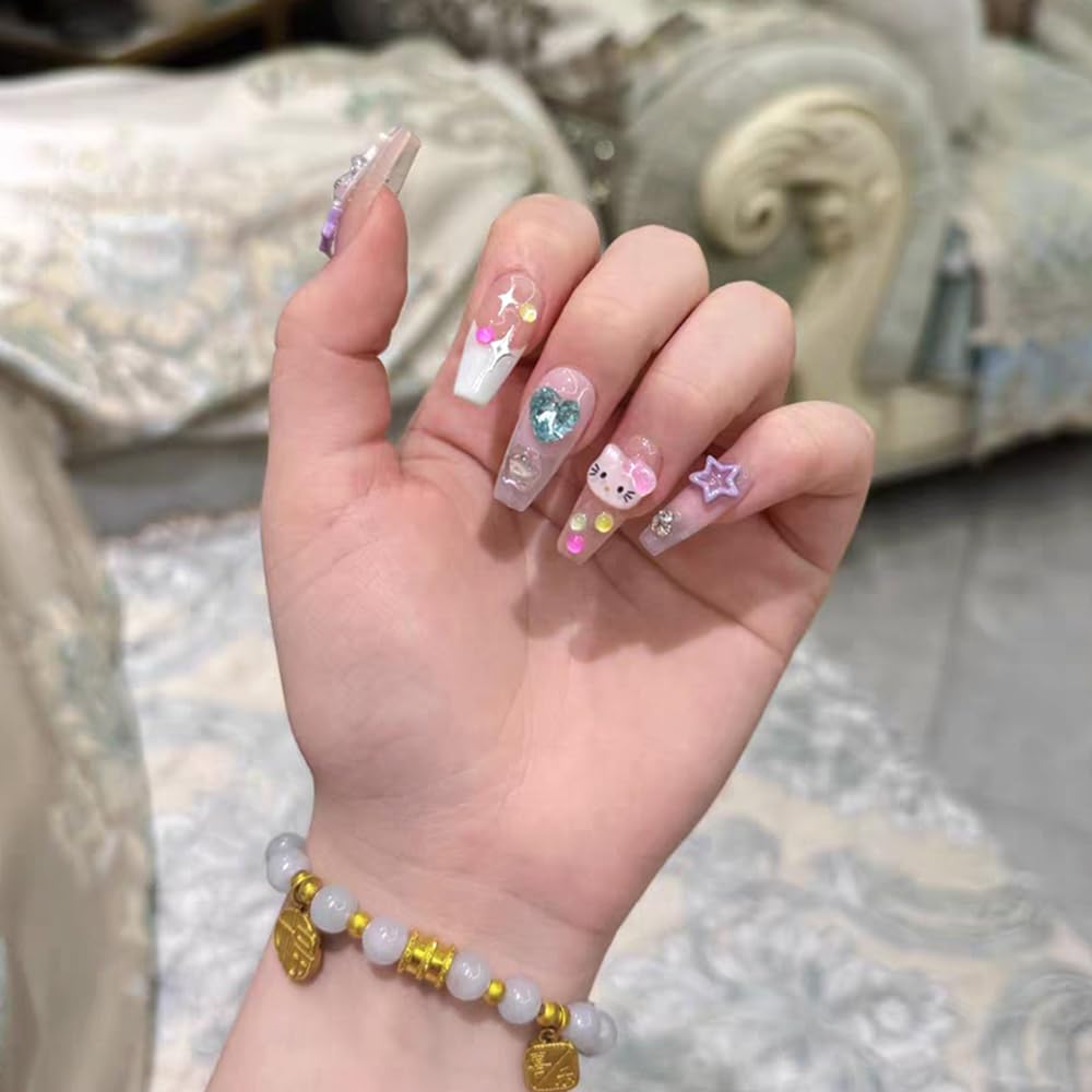 LIFOOST Press on Nails Handmade Fake Nails Medium Coffin Gel Finished False Nails Cute Kawaii Y2K 3D Cartoon Cat Design 10Pcs, Size Small