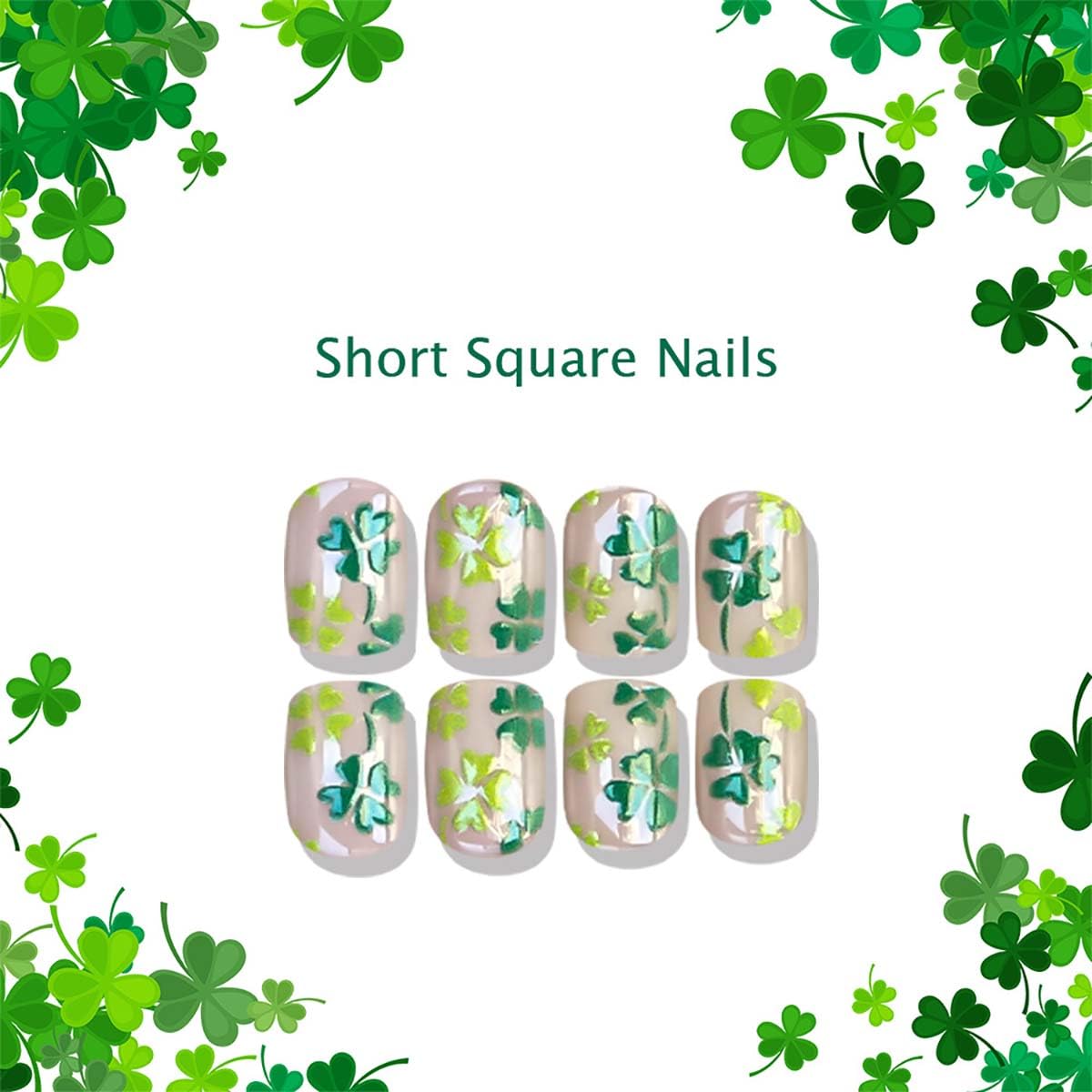 24Pcs St. Patrick's Day Press on Nails Short Square Fake Nails with Shamrock Designs Full Cover False Nails Green Reusable Glue on Nails for Women Saint Patrick Manicure Decor