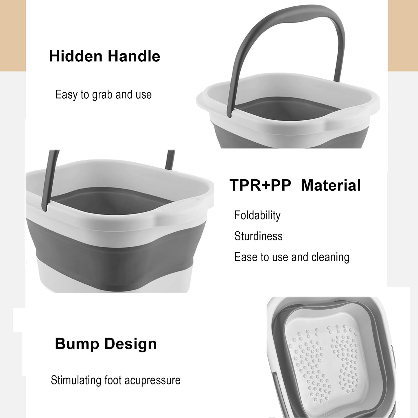 Leemeimei Collapsible Foot Soak Tub 15L(4 GL) with Handle, Bath Massager for Dry Cracked Feet, Plastic Grey Foot Bucket