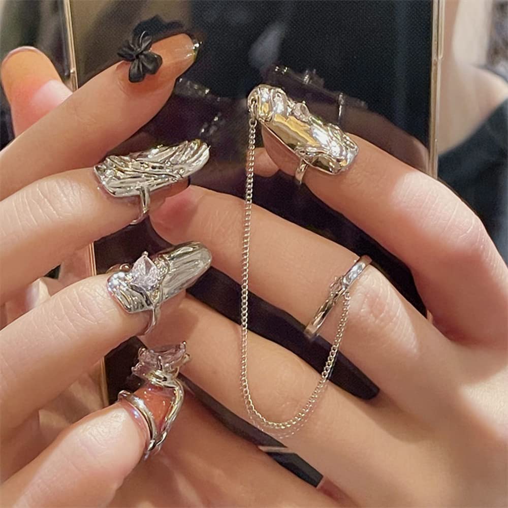 Xerling 4Pcs Punk Silver Crystal Fingertip Ring Set for Women Gothic Finger Nail Tip Rings Nail Cap Protective Cover Rings for Halloween Costume