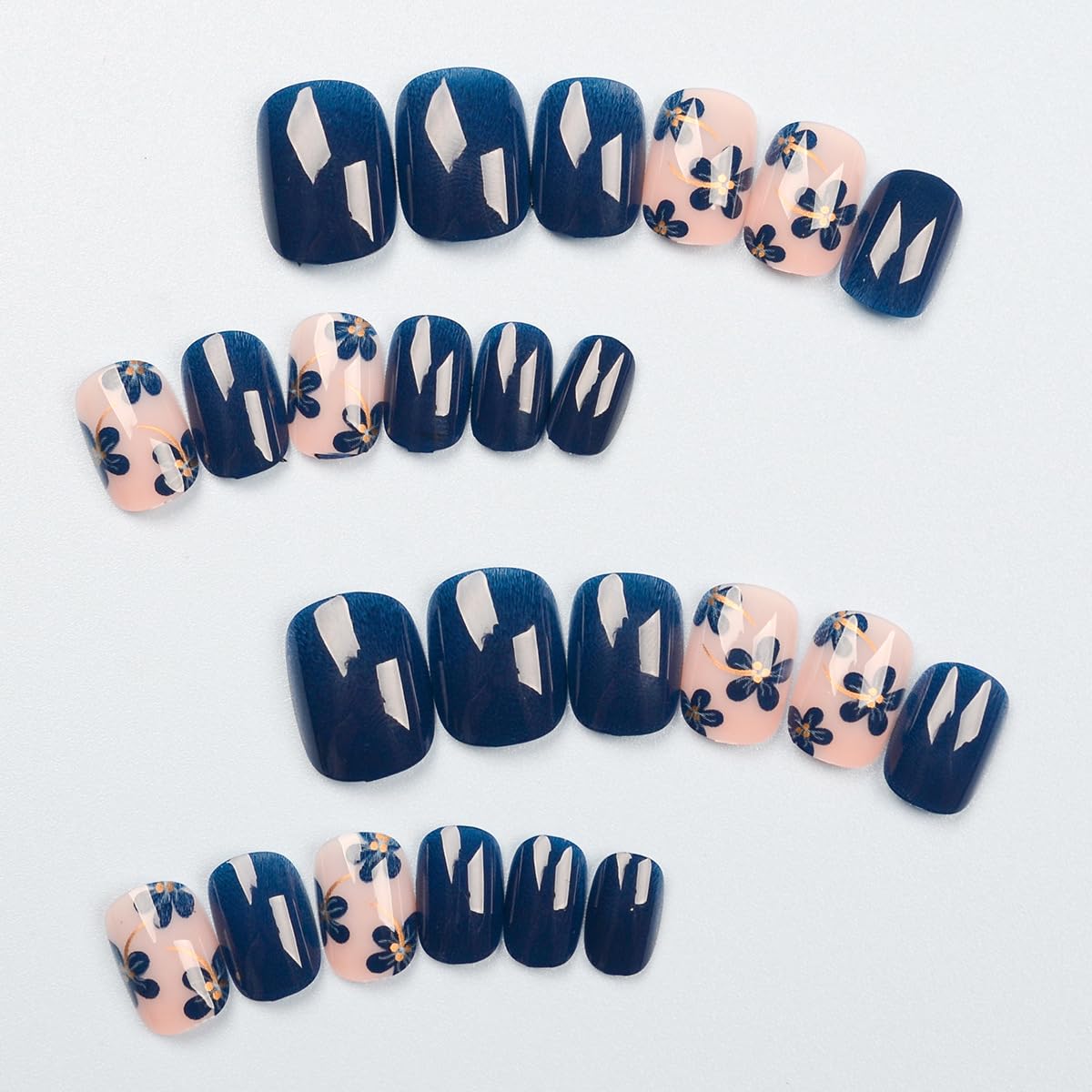 Spring Press on False Nails Blue Fake Nails Short Square Glue on Nails with Gold Chrome Blue Flower Designs Glossy Press ons Stick on Nail for Women Manicure 24Pcs