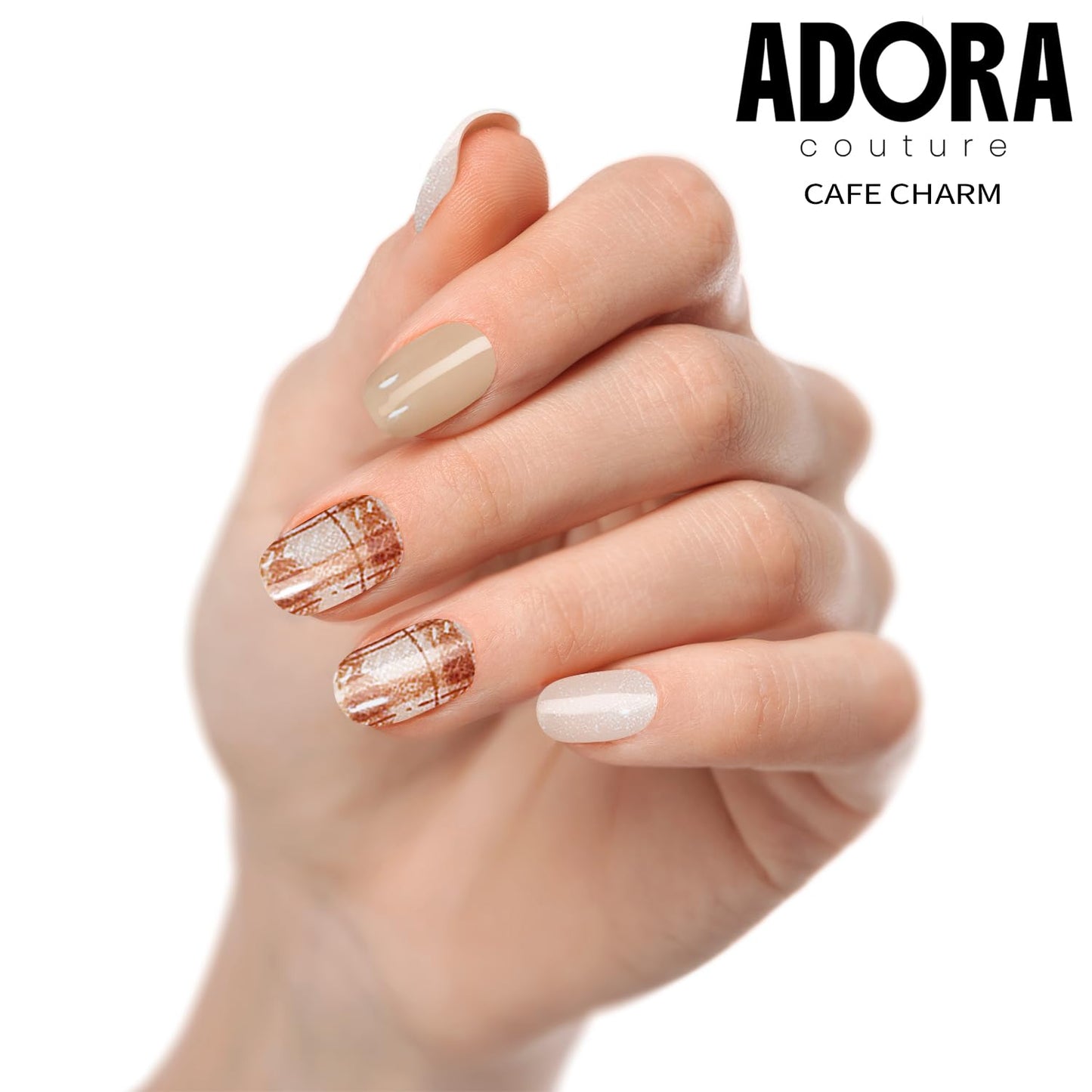 Adora Couture Semi-Cured Gel Nail Strips - 20 Salon-Quality Gel Sticker with UV Light Required, Long Lasting, Easy Application & Removal, Includes Prep Pad, Nail File, Wooden Stick – Cafe Charm