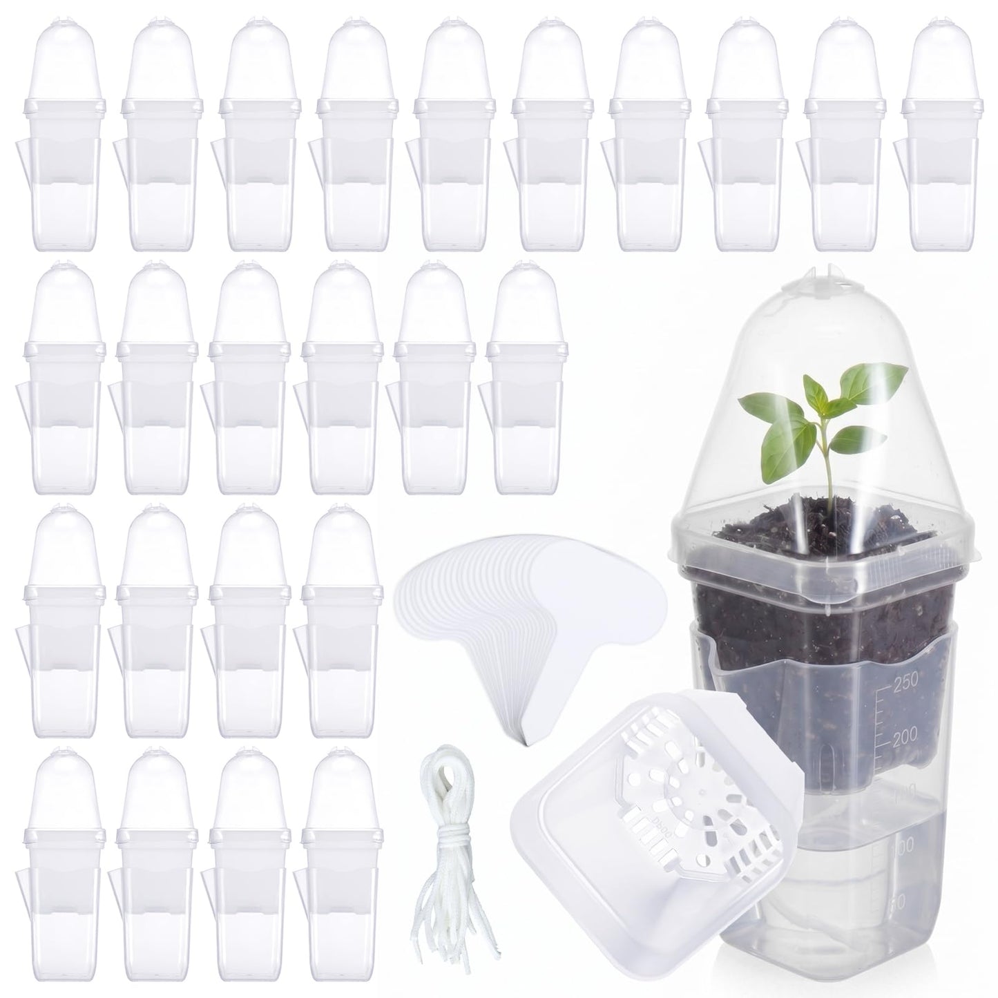 RimCereal 24 Pack 2.5" Small Self Watering Pots with Humidity Dome Clear Plastic Seed Starter Cups with Label Water Level and Drainage Holes for Cutting, Seedling, Propagation, Succulents, and Herbs