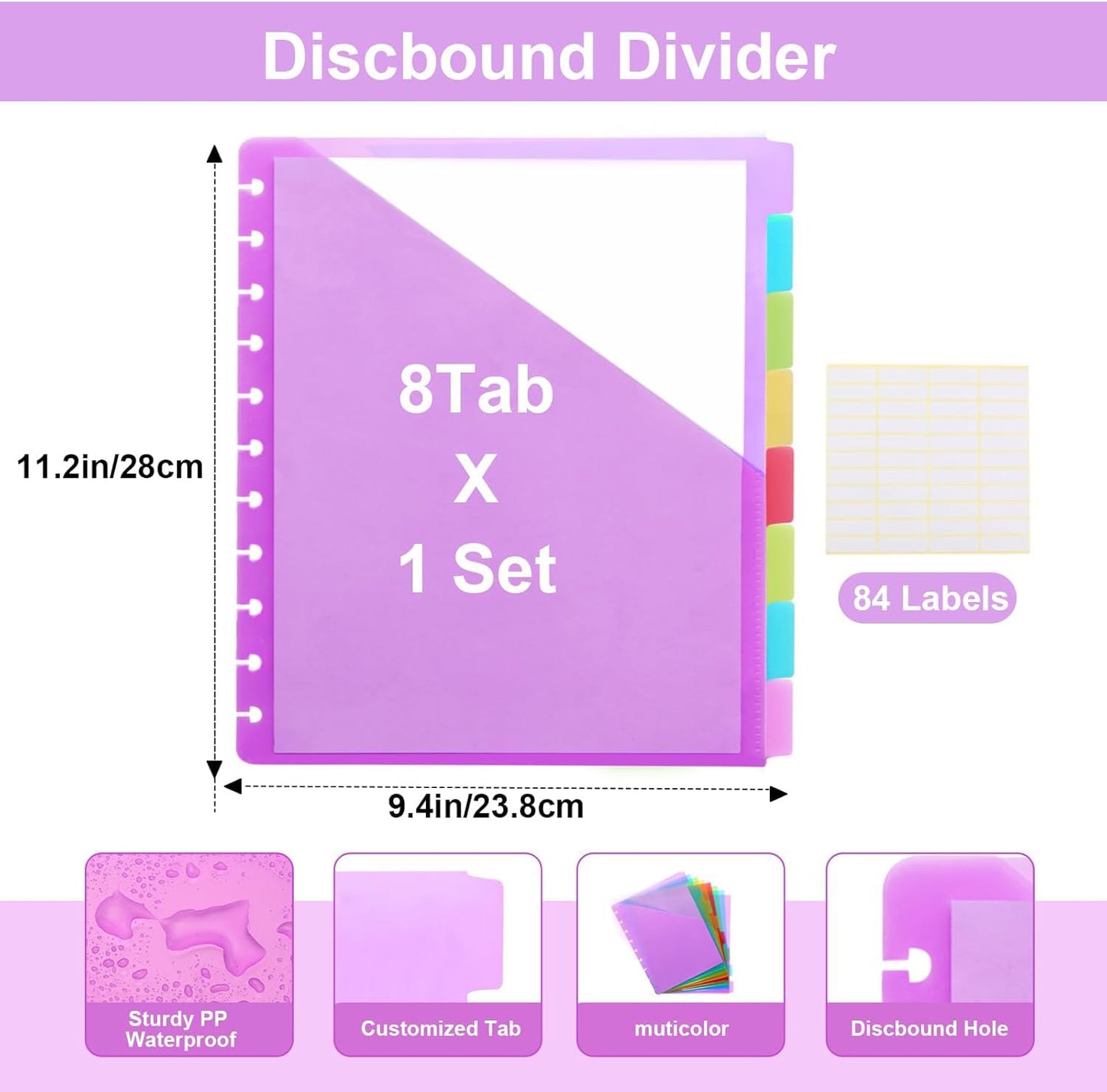 11 -Discbound Pocket Divider with 8 Tabs,1 Set Letter Size Tul Notbook Divider Folder Dis Planner Inserts for for Document Discbound System, Office Home School（8PCS
