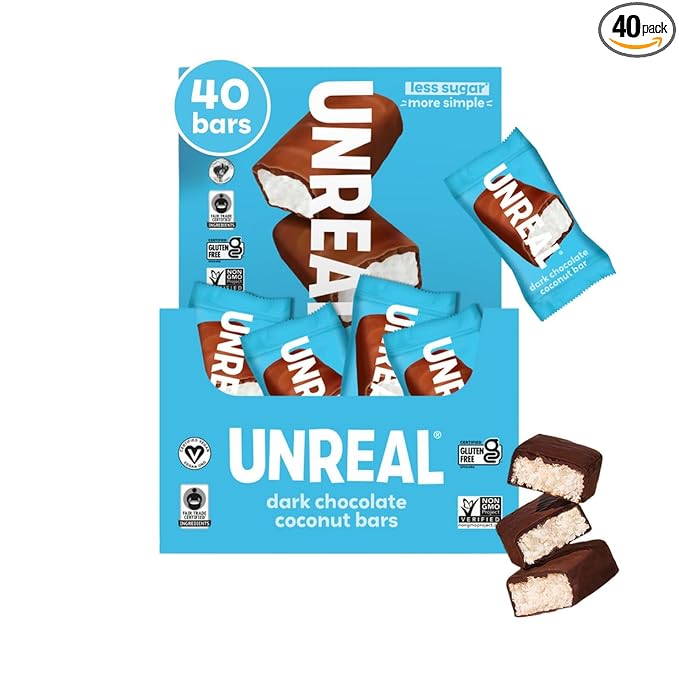 UNREAL Dark Chocolate Coconut Bars (40 Mini Bars) | Vegan, 3g Sugar, & 3 Simple Ingredients | Non-GMO, Gluten Free, & Fair Trade | .53oz each