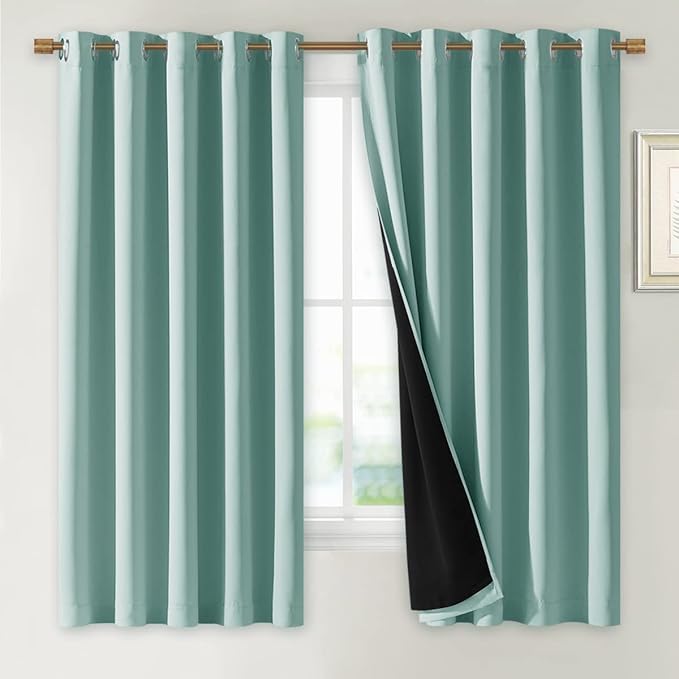 NICETOWN Aqua Blue 100% Blackout Lined Curtains, 2 Thick Layers Completely Blackout Window Treatment Thermal Insulated Drapes for Kitchen/Bedroom (1 Pair, 70" Width x 63" Length Each Panel)
