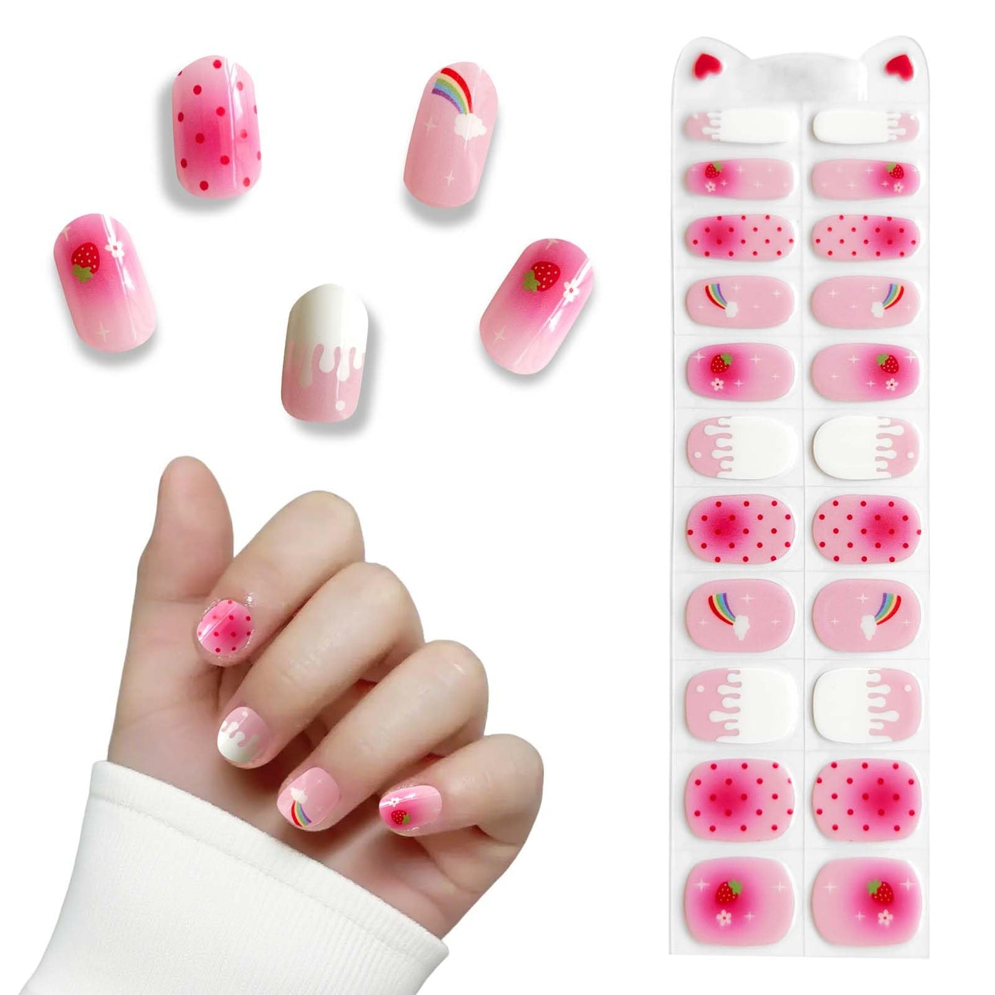 YIZHUO Kids Gel Nail Strips 22PCS - Strawberry Pink Polka Dot Designs, Semi-Cured Nail Wraps for Girls, UV/LED Light Required