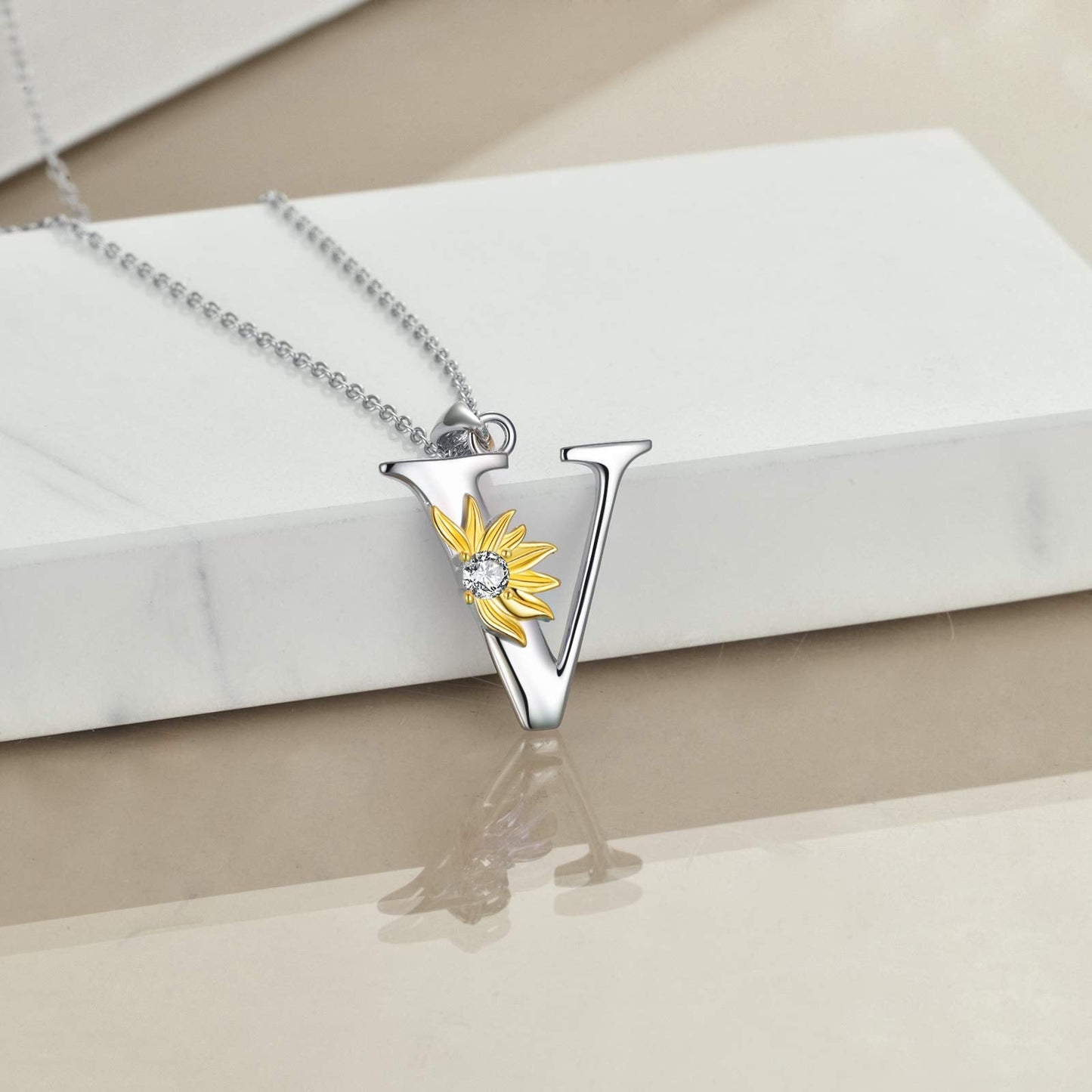POPLYKE Sterling Silver Initial Alphabet Letter Script Name Pendant Chain Necklace for Women for (Sunflower V)