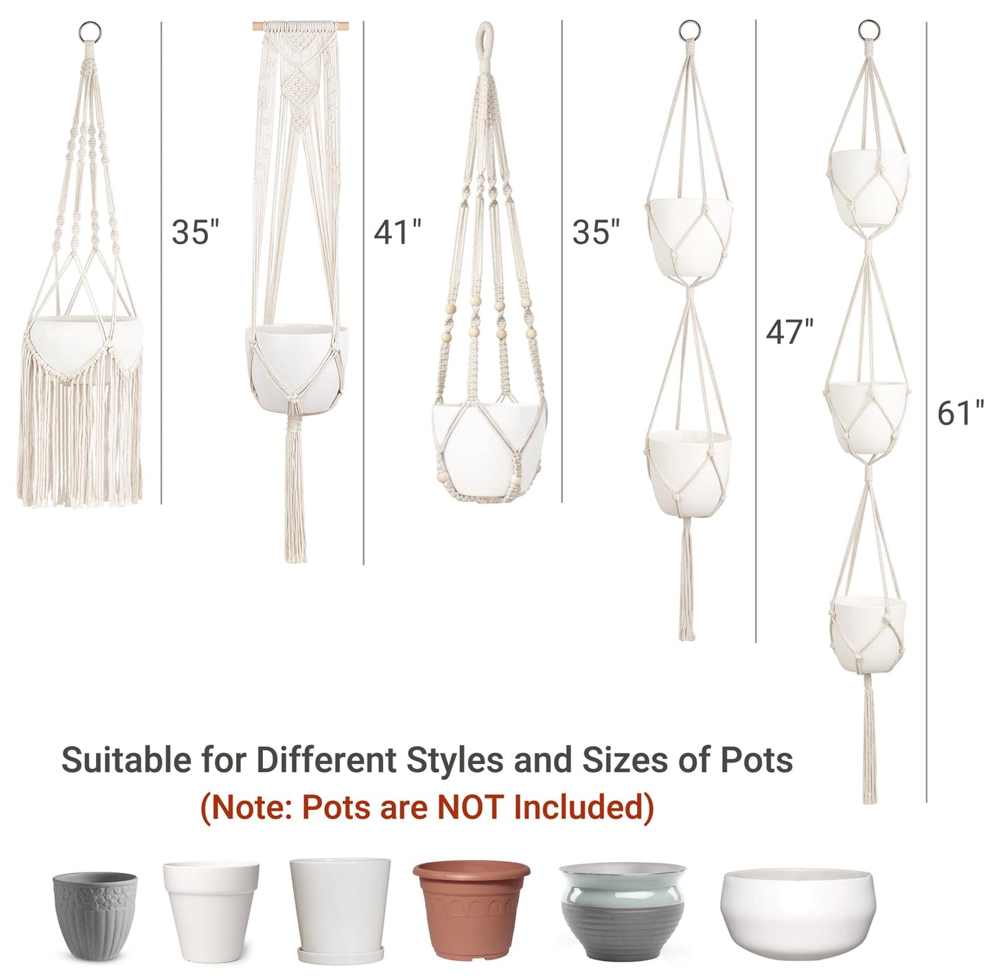 Mkono Macrame Plant Hangers, 5 Pack Different Tiers Indoor Hanging Planters Basket with 5 Hooks Decorative Flower Pots Holder Stand Boho Home Decor, Ivory