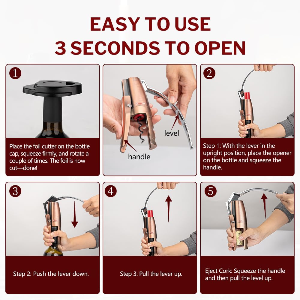 Forge Quality Compact Vertical Lever Corkscrew Wine Opener with Foil Cutter. 3 Seconds to Open a Bottle of Wine. Metallic Bronze