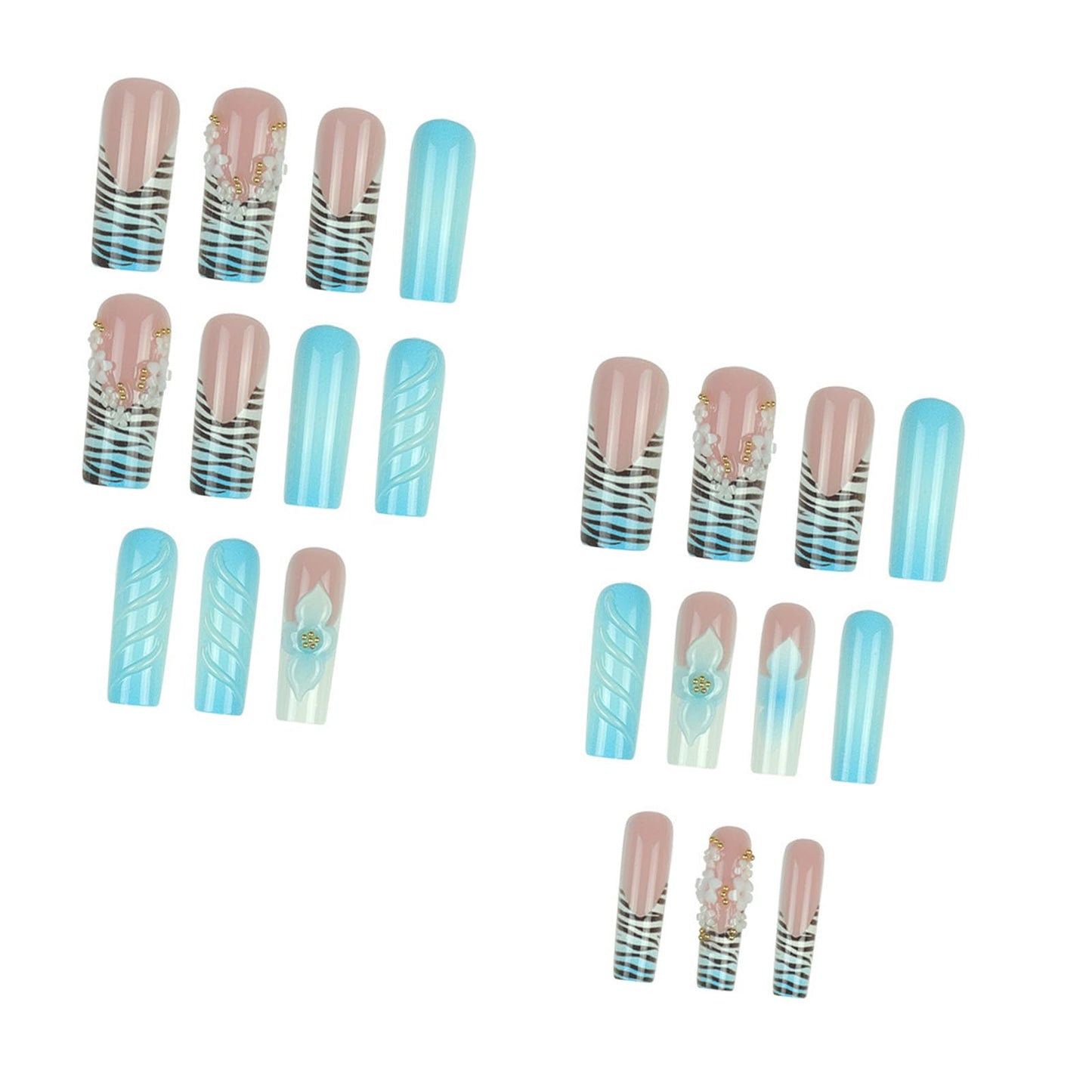IMRAIN Press on Nails Long Square Fake Nails Blue Ombre French Tips False Nails with 3D Flower Designs Full Cover White Acrylic Glossy Glue on Nails 24Pcs