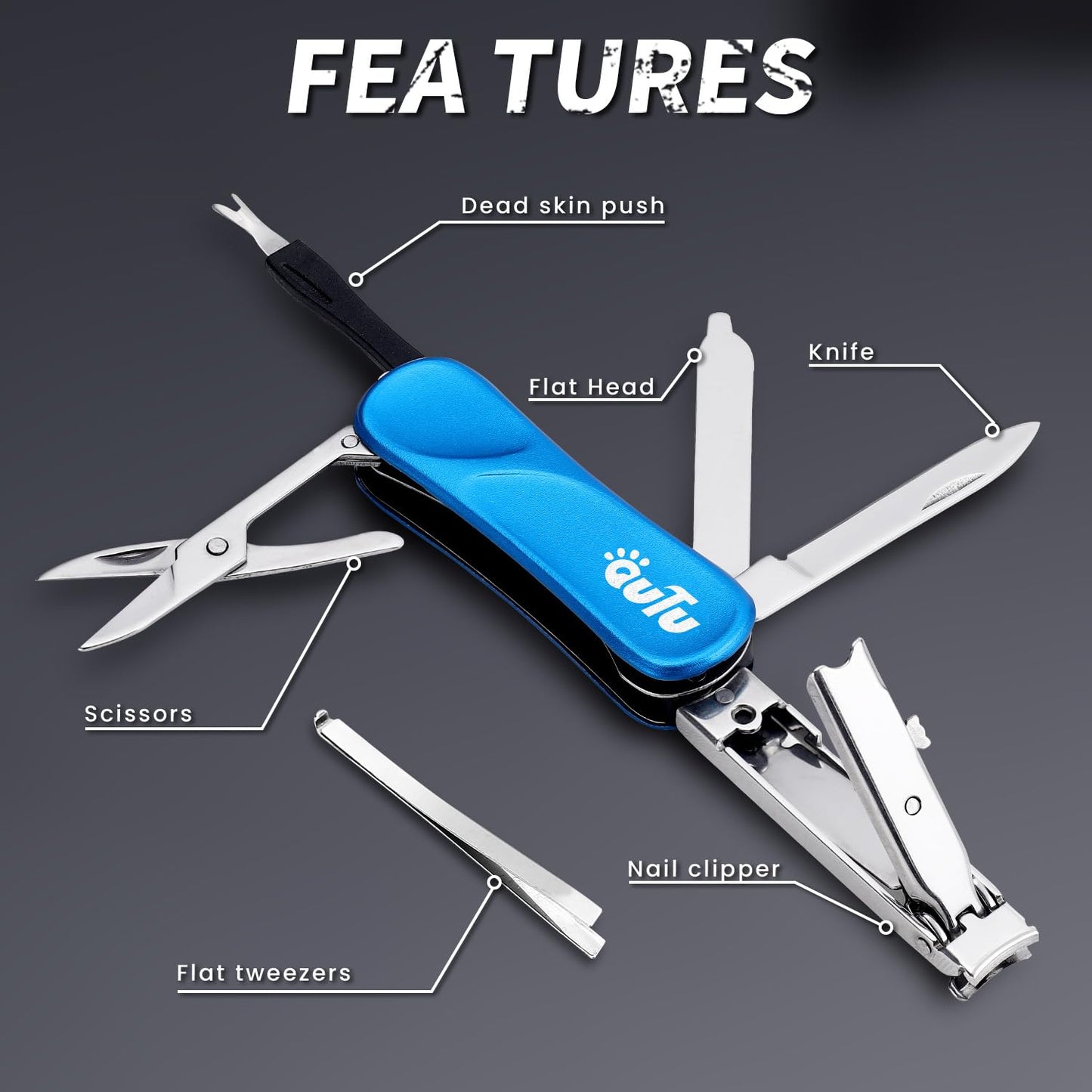 OUTU Keychain Nail Clippers Multitool, 7 in 1 EDC Utility Tool with Nail Clipper, Scissors, Manicure Sets Gifts for Him Men Husband Dad Boyfriend (Blue)